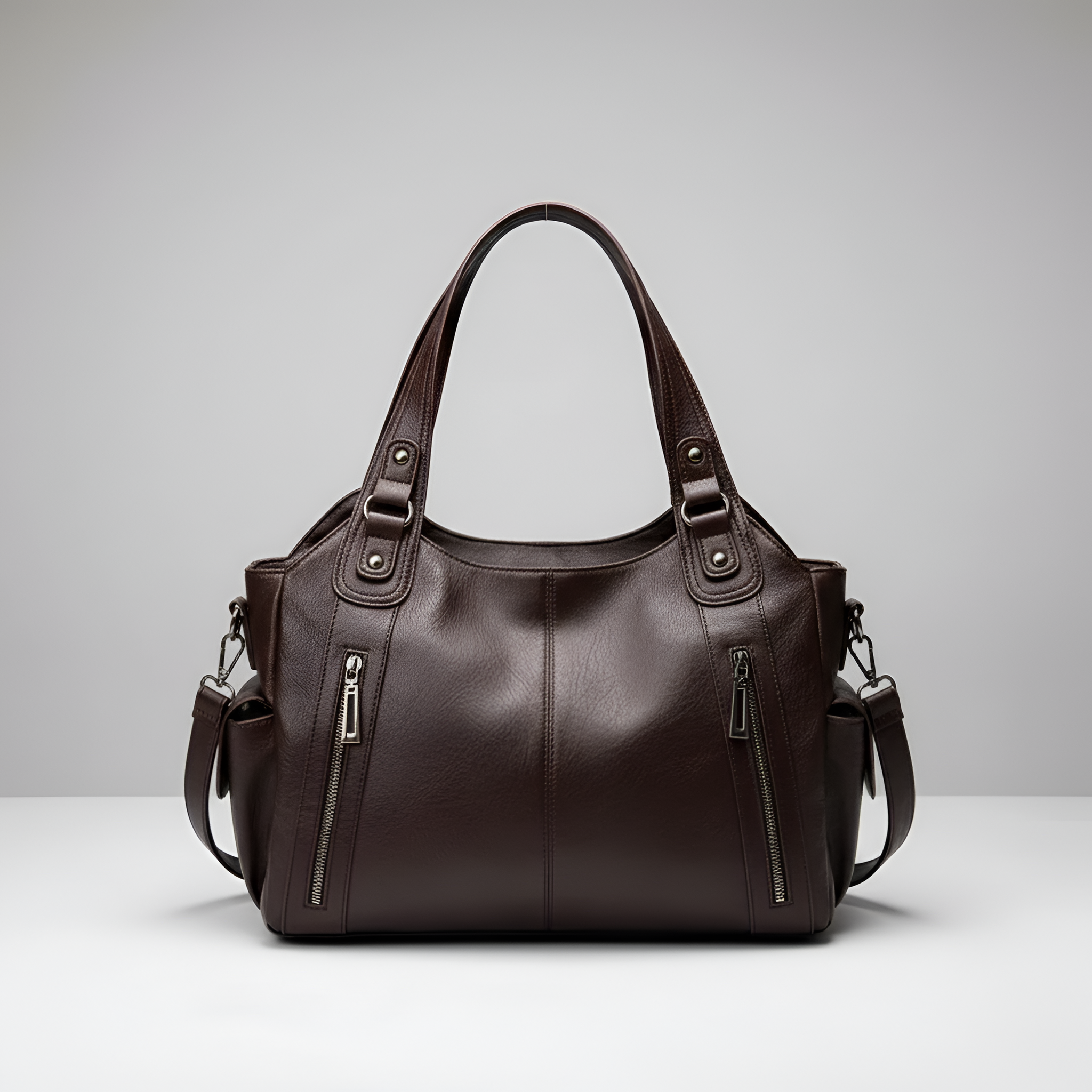 Sac fourre-tout pour femme en cuir véritable avec poches à fermeture éclair et bandoulière
