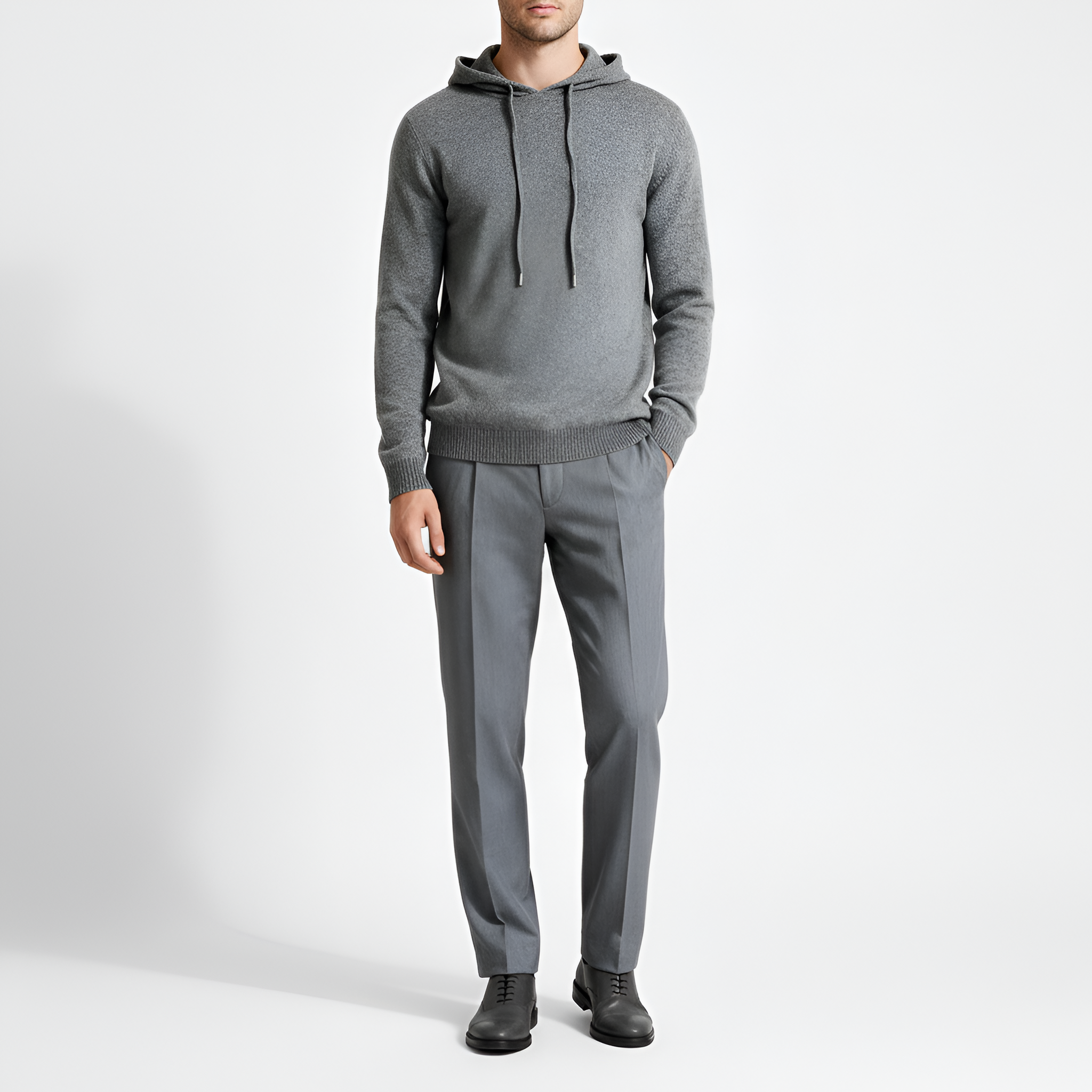 Pánska vlnená pletená mikina s kapucňou na šnúrku a rebrovanými manžetami