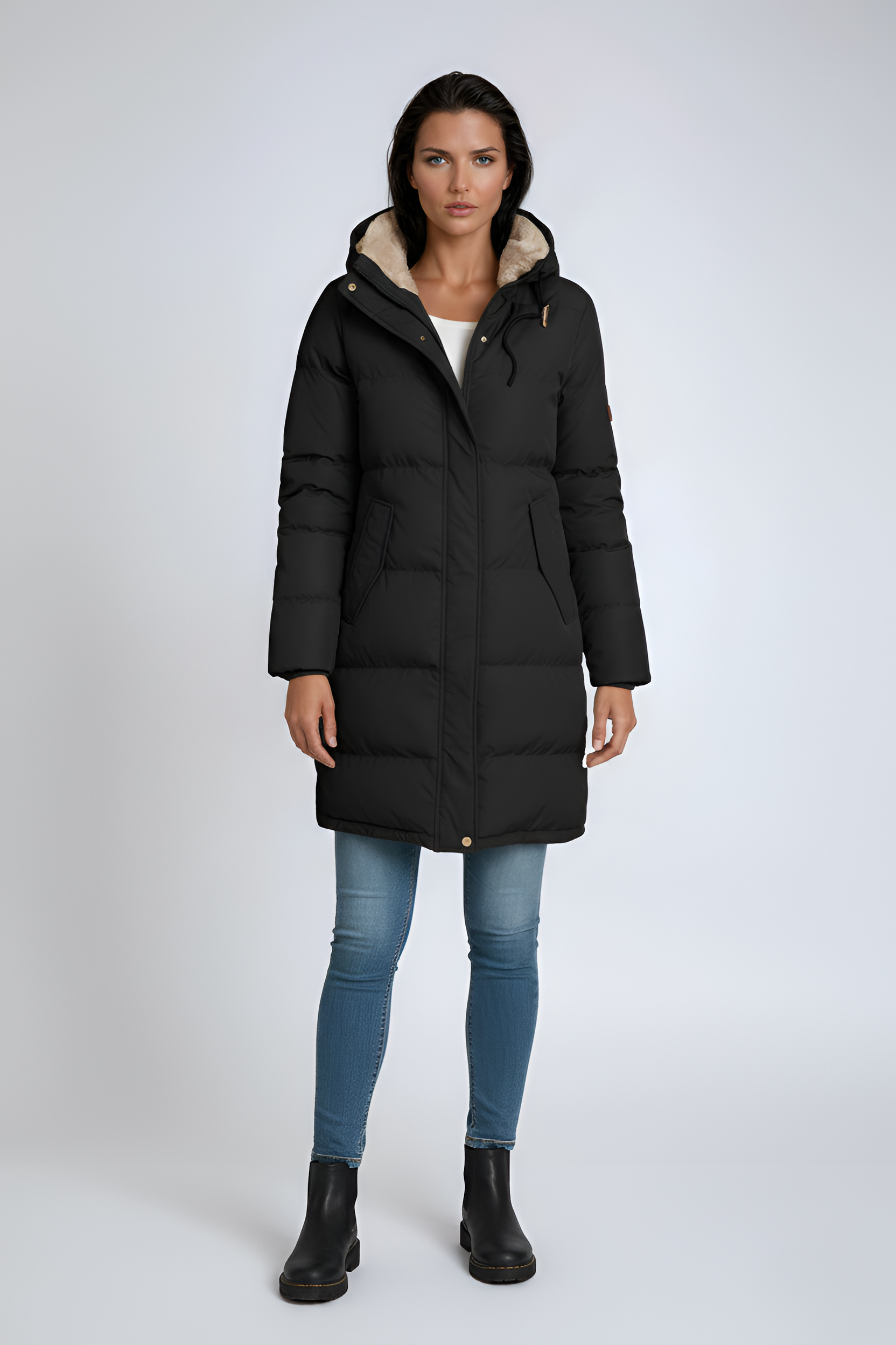 Cappotto imbottito lungo con cappuccio da donna, giacca invernale isolata con fodera in pelliccia sintetica