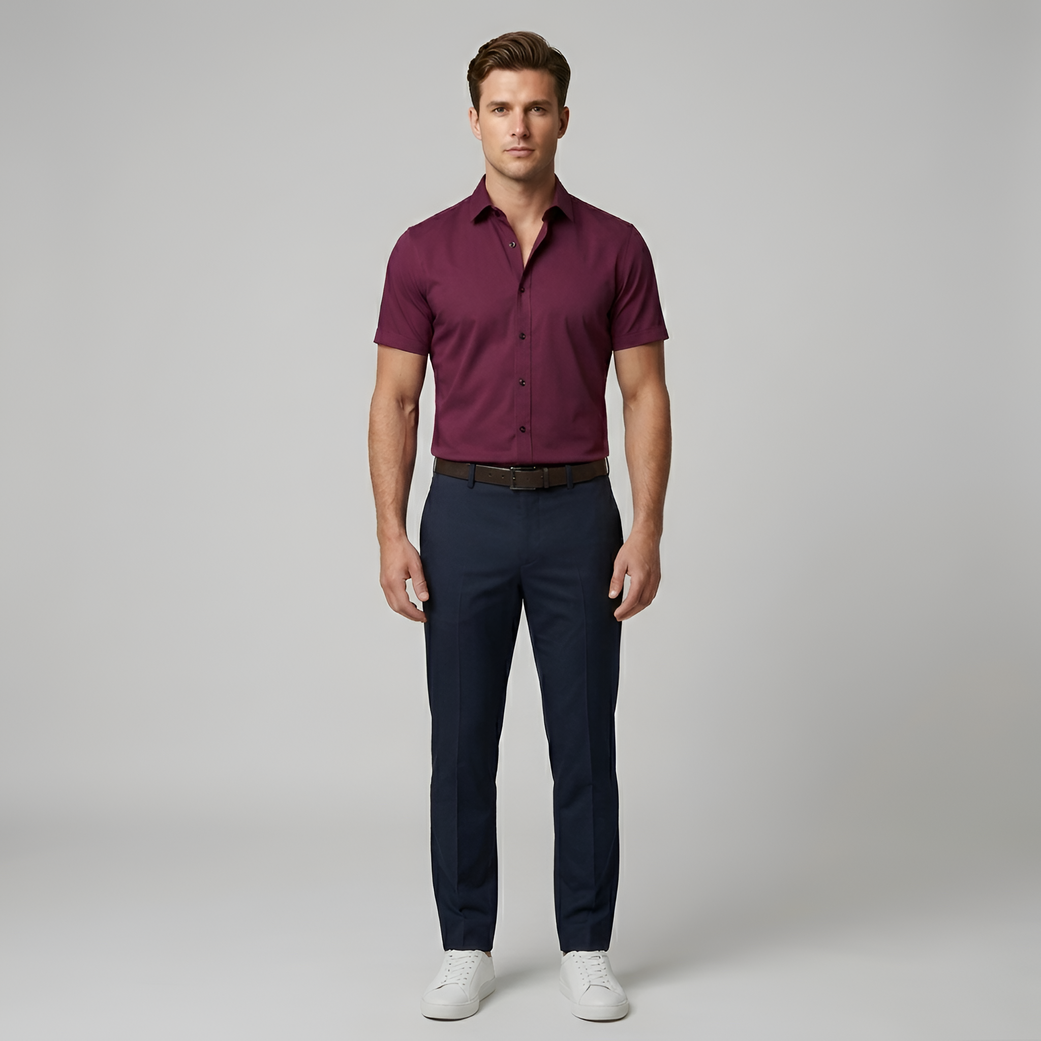 Chemise habillée en coton pour homme, coupe ajustée, manches courtes, à boutons
