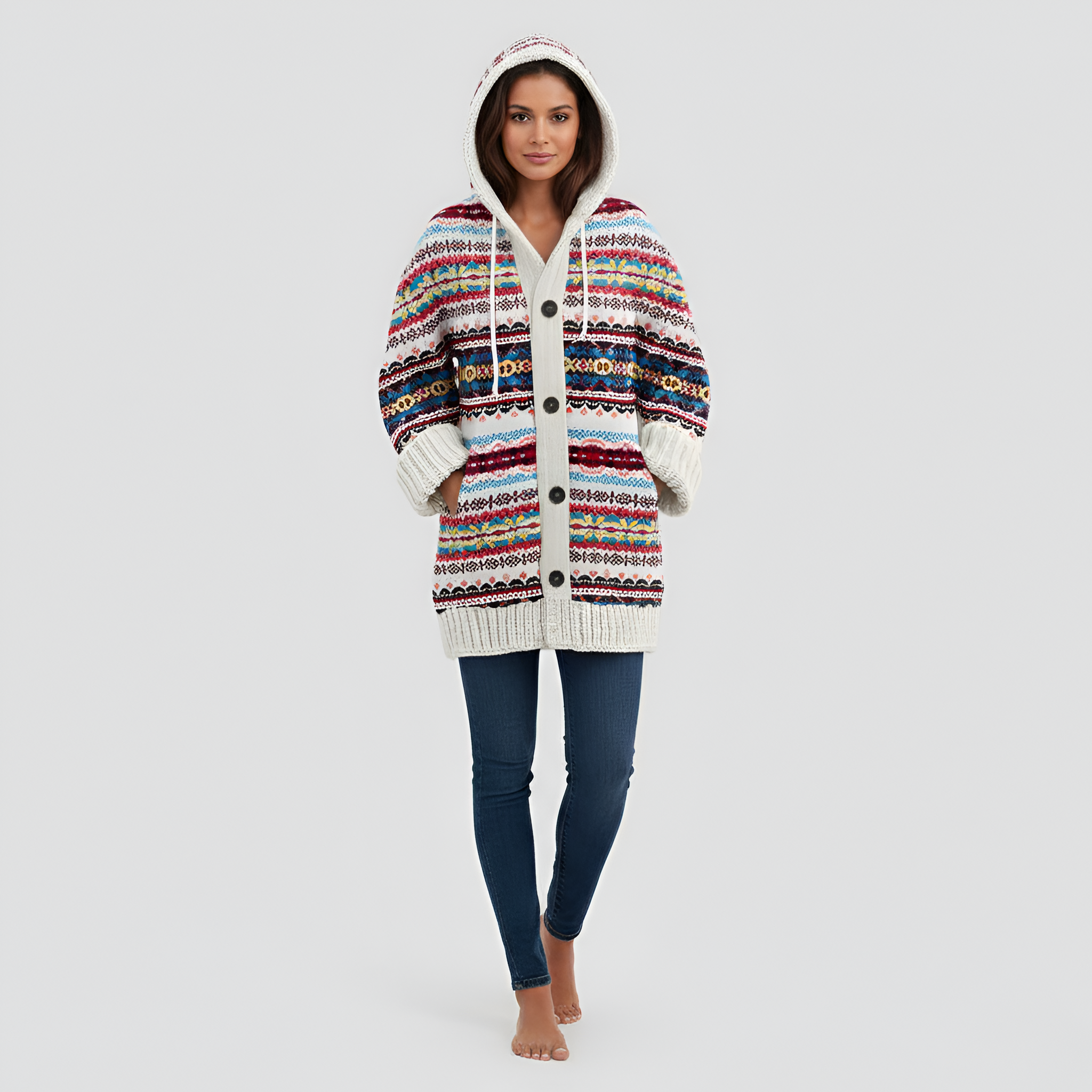 Cardigan gros tricotat cu glugă pentru femei, cu nasturi în față, pulover de iarnă