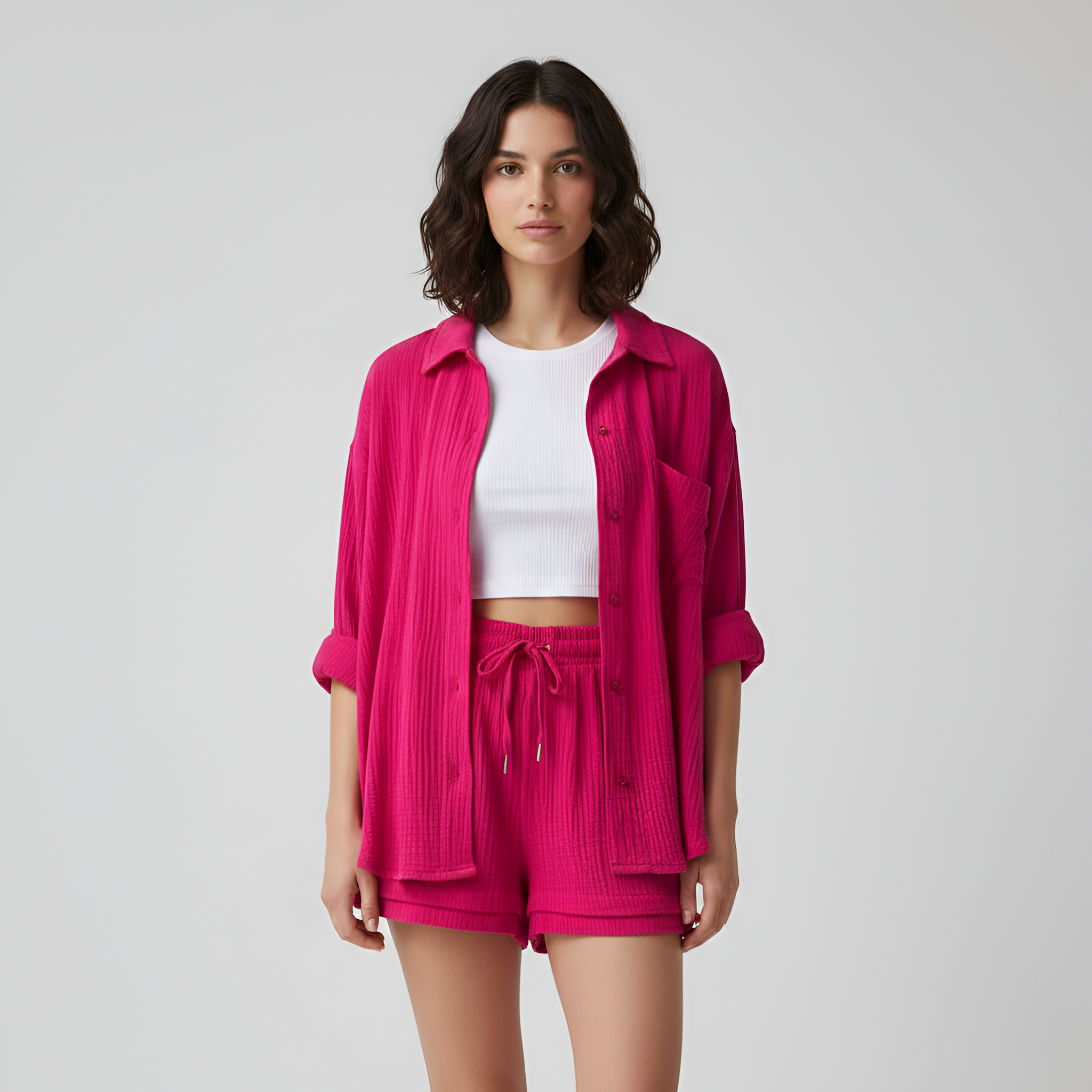 Women’s Cotton Shorts Set with Button Down Shirt and Drawstring Waist