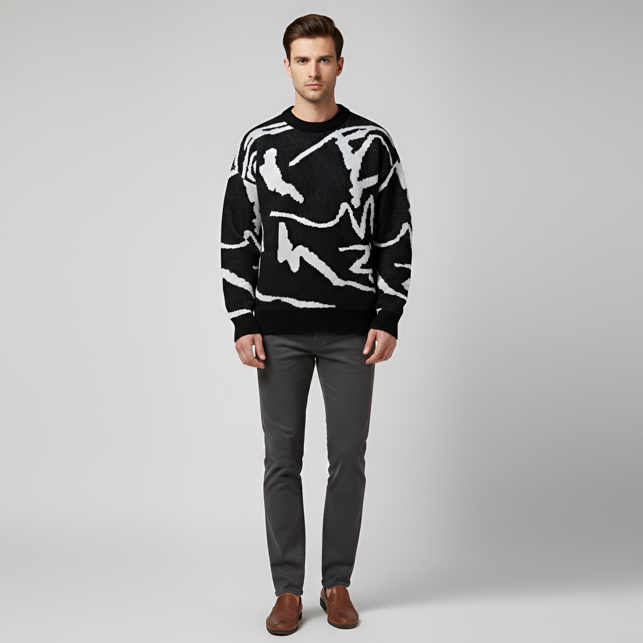 Férfi elvont mintás kötött kereknyakú pulóver hétköznapi viseletre