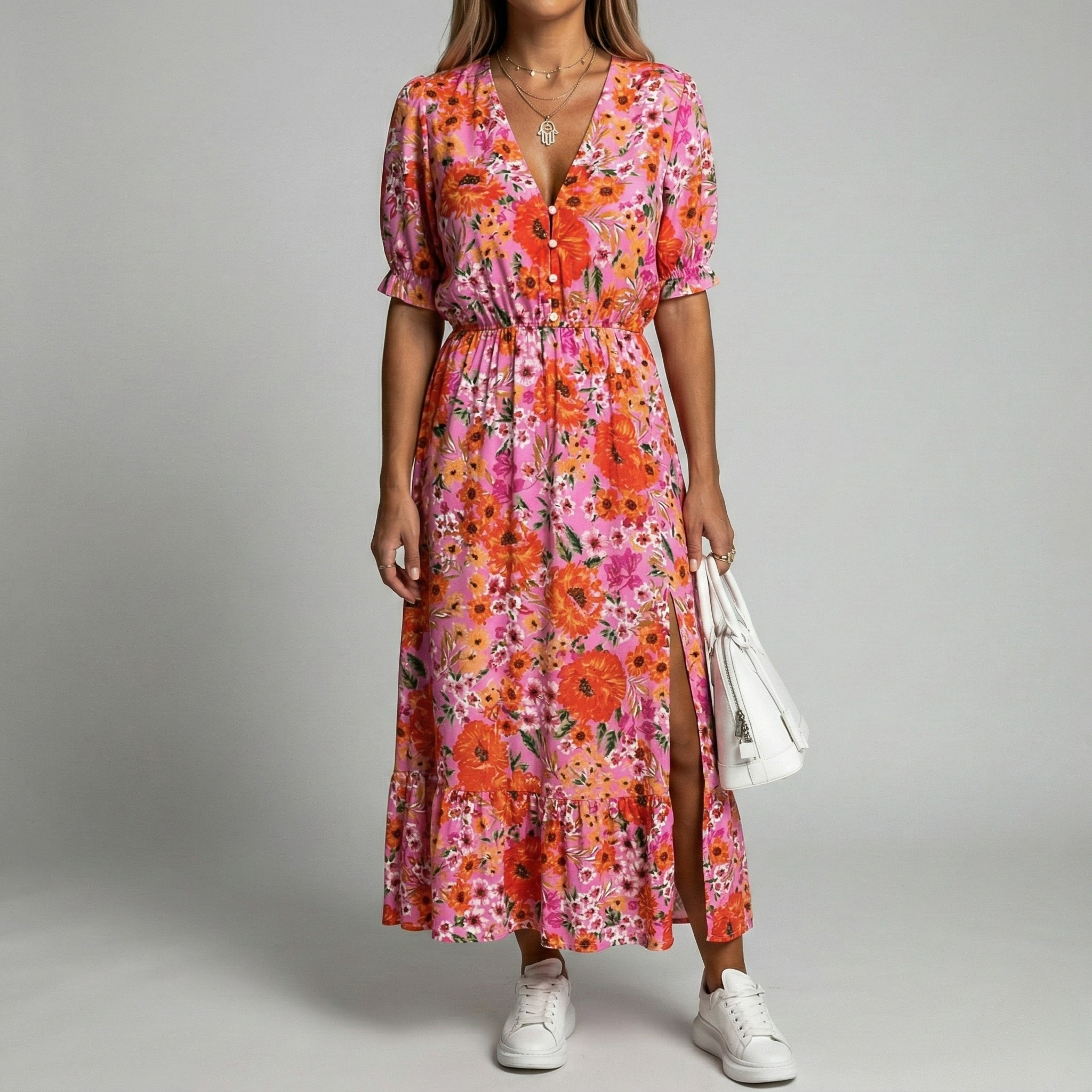 Robe midi d'été pour femmes avec imprimé floral et col en V