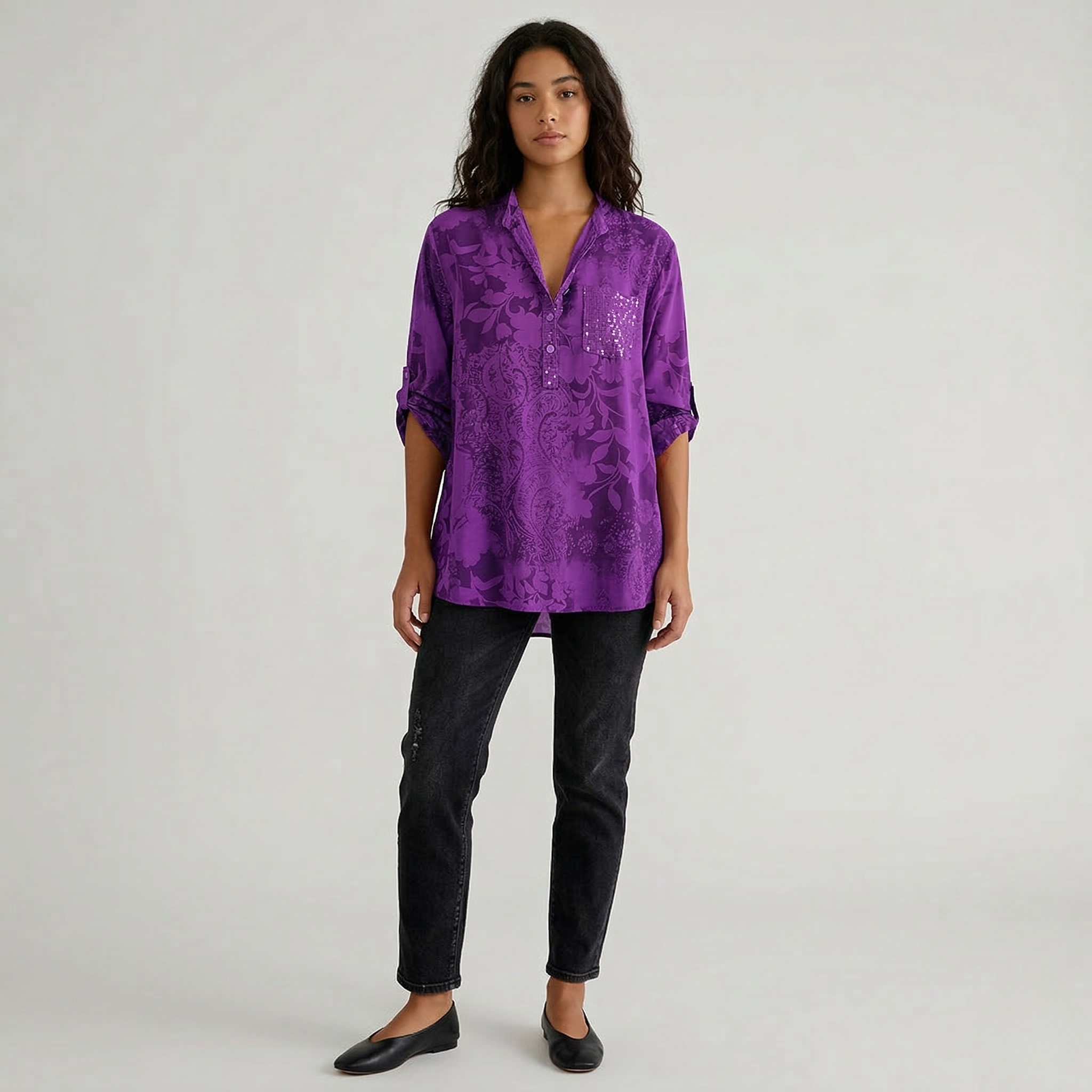 Camicia Donna con Scollo a V e Bottoni, Manica Lunga, Vestibilità Larga Casual