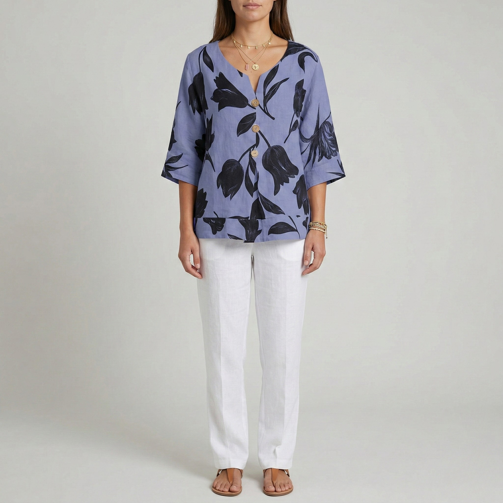 Women’s Cotton Linen Floral Print Blouse V-Neck Button Front Loose Fit Top