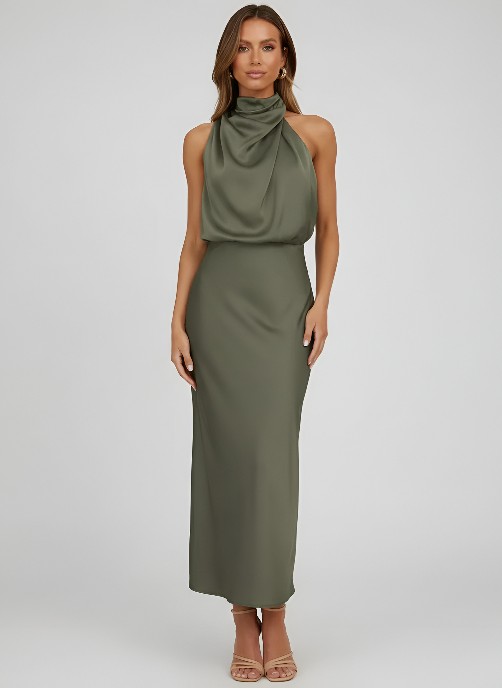 Rochie midi de damă cu gât halter, fără mâneci, cu talie drapată