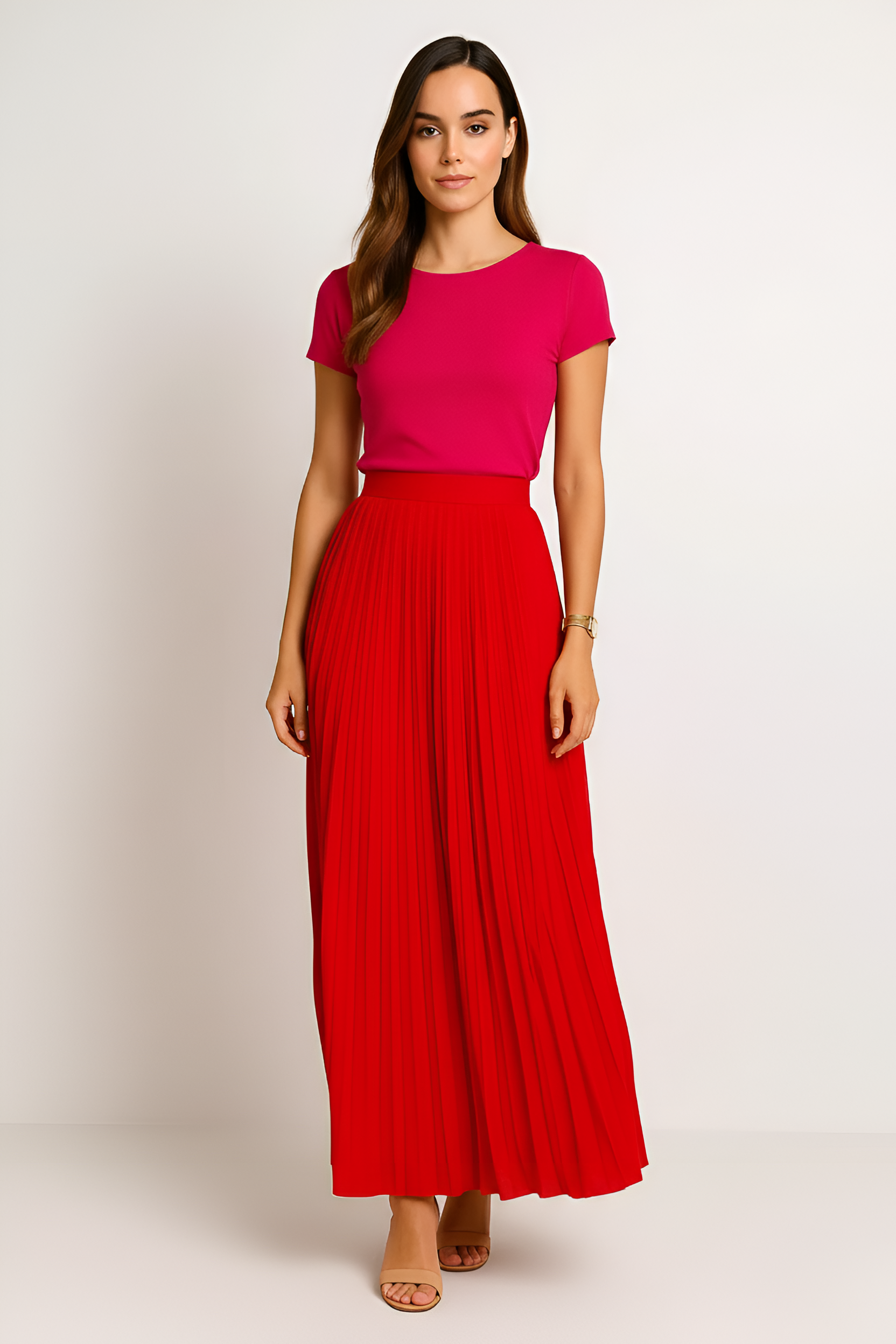 Women’s Pleated Midi Skirt High Waist with Elastic Waistband