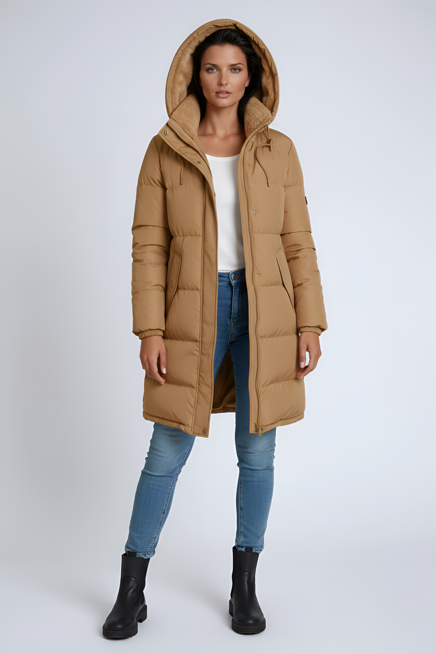 Cappotto imbottito lungo con cappuccio da donna, giacca invernale isolata con fodera in pelliccia sintetica