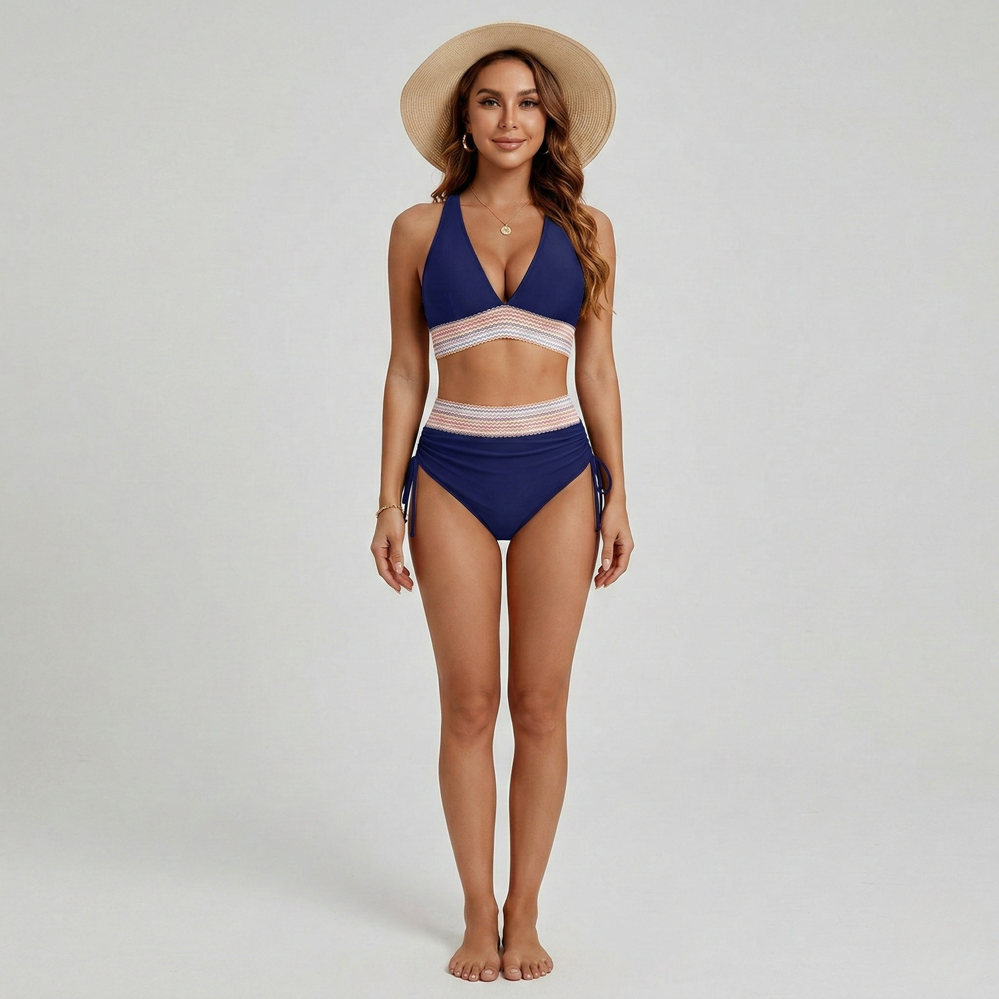 Női magas derekú bikini szett V-nyakú háromszög felsővel, kétdarabos fürdőruha