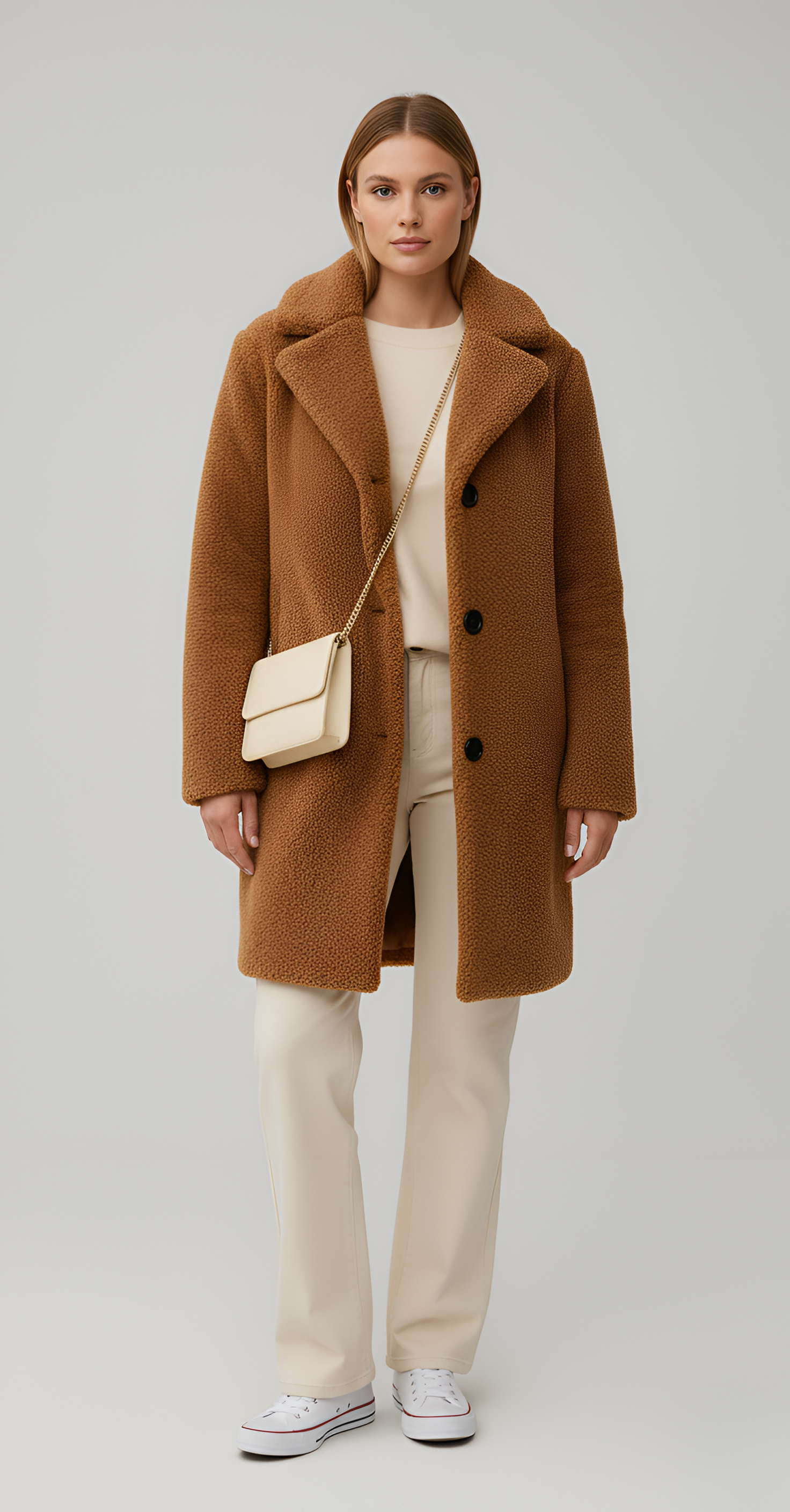 Damejakke i imiteret lammeskind, mellemlang, med knapper foran, vinterjakke