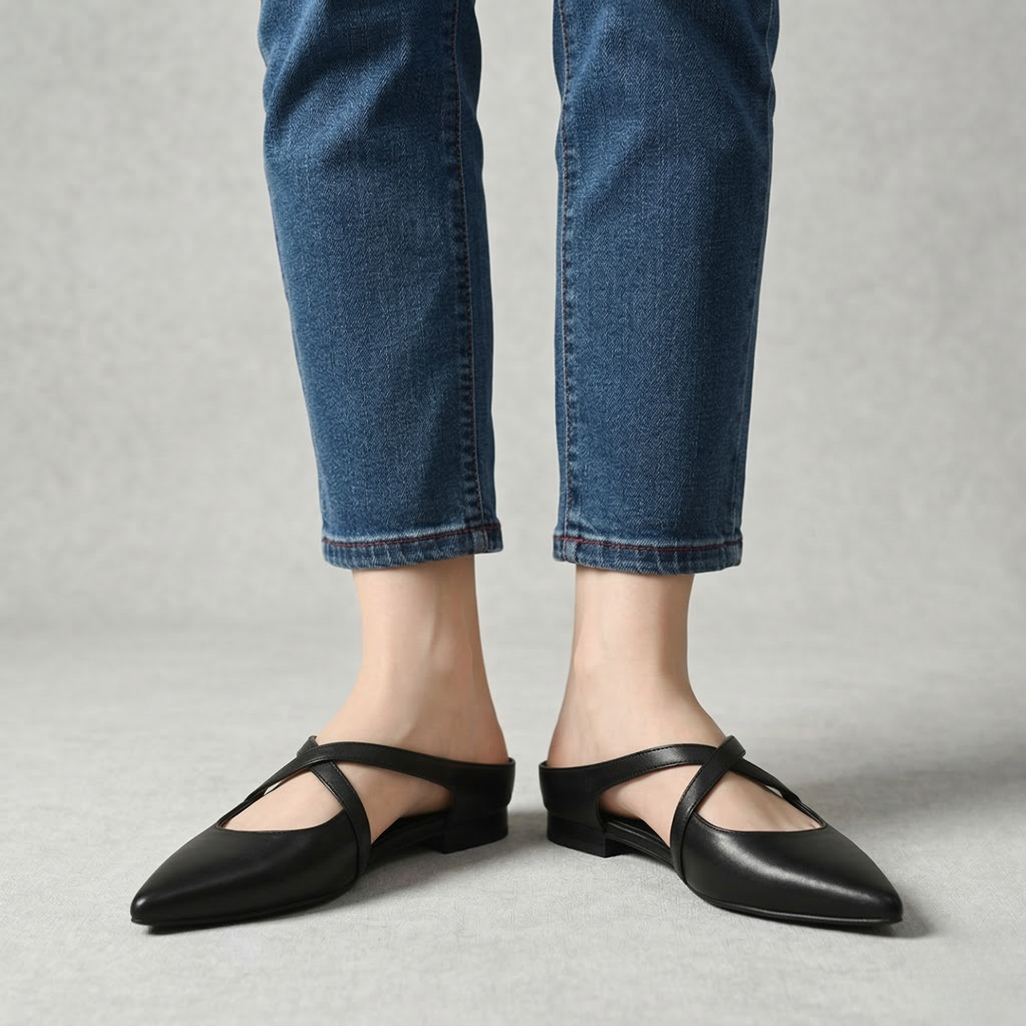 Women’s Pointed Toe Mules Low Heel Slip On Cross Strap Dress Shoes