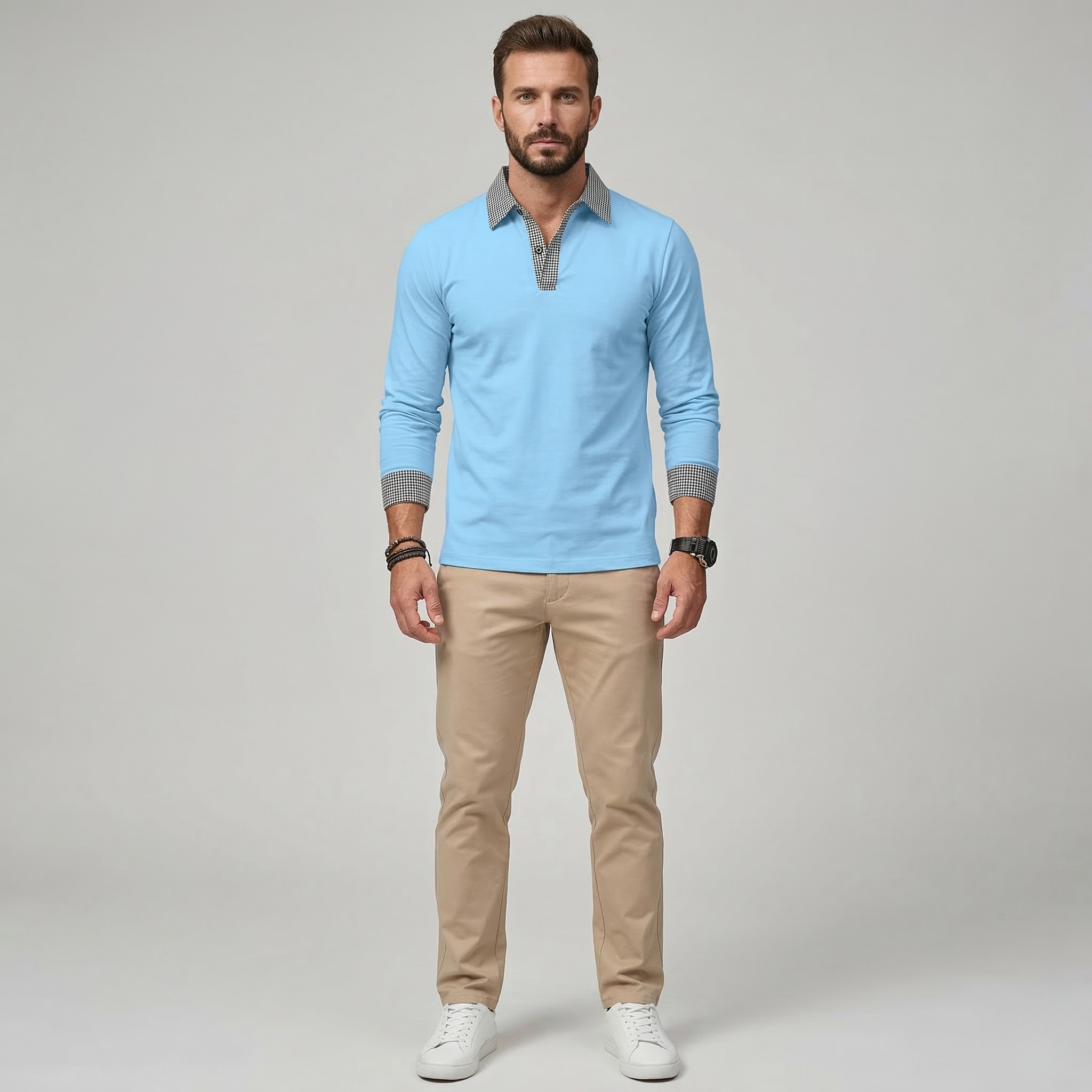 Polo da uomo a manica lunga in cotone, casual con colletto, maglia pullover