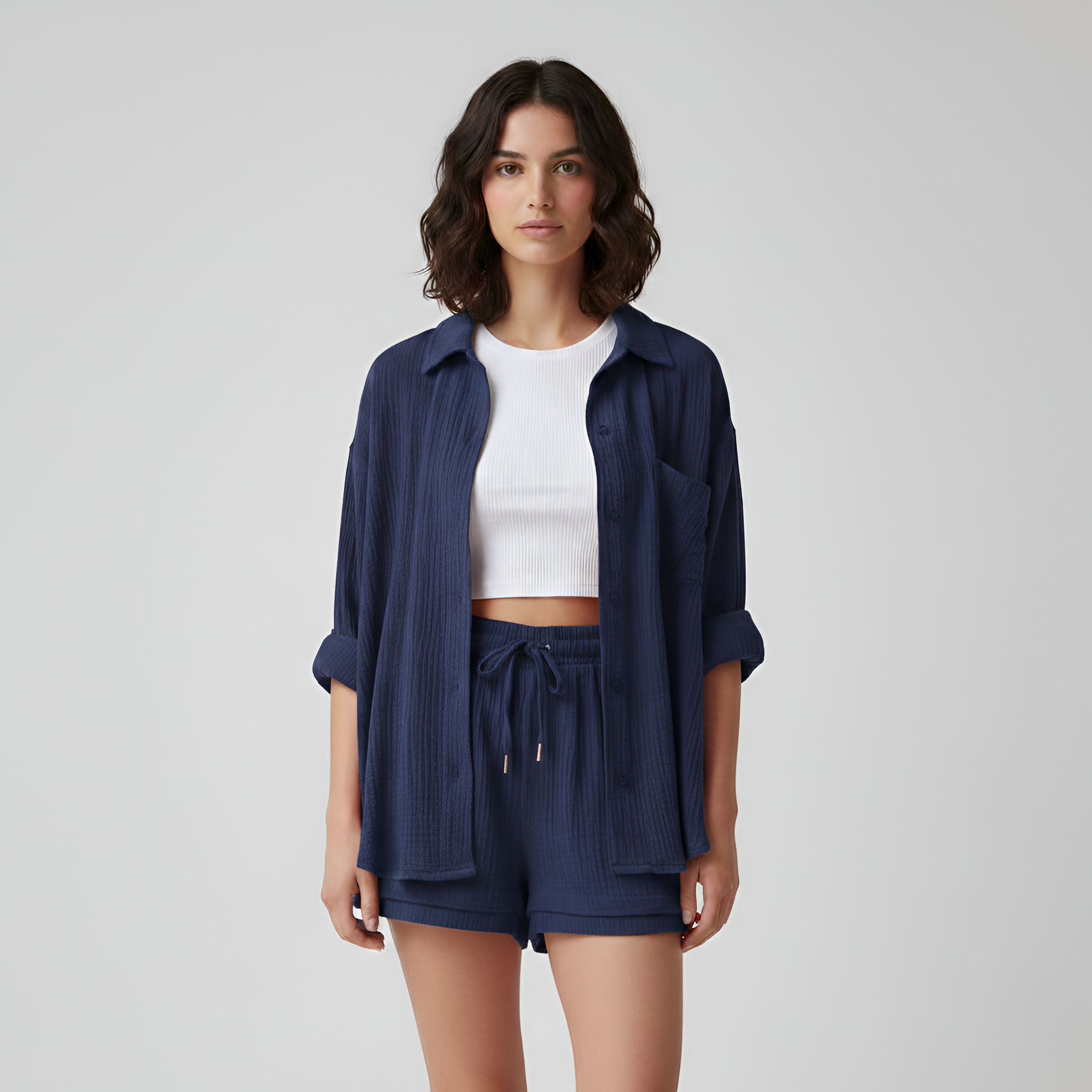 Women’s Cotton Shorts Set with Button Down Shirt and Drawstring Waist