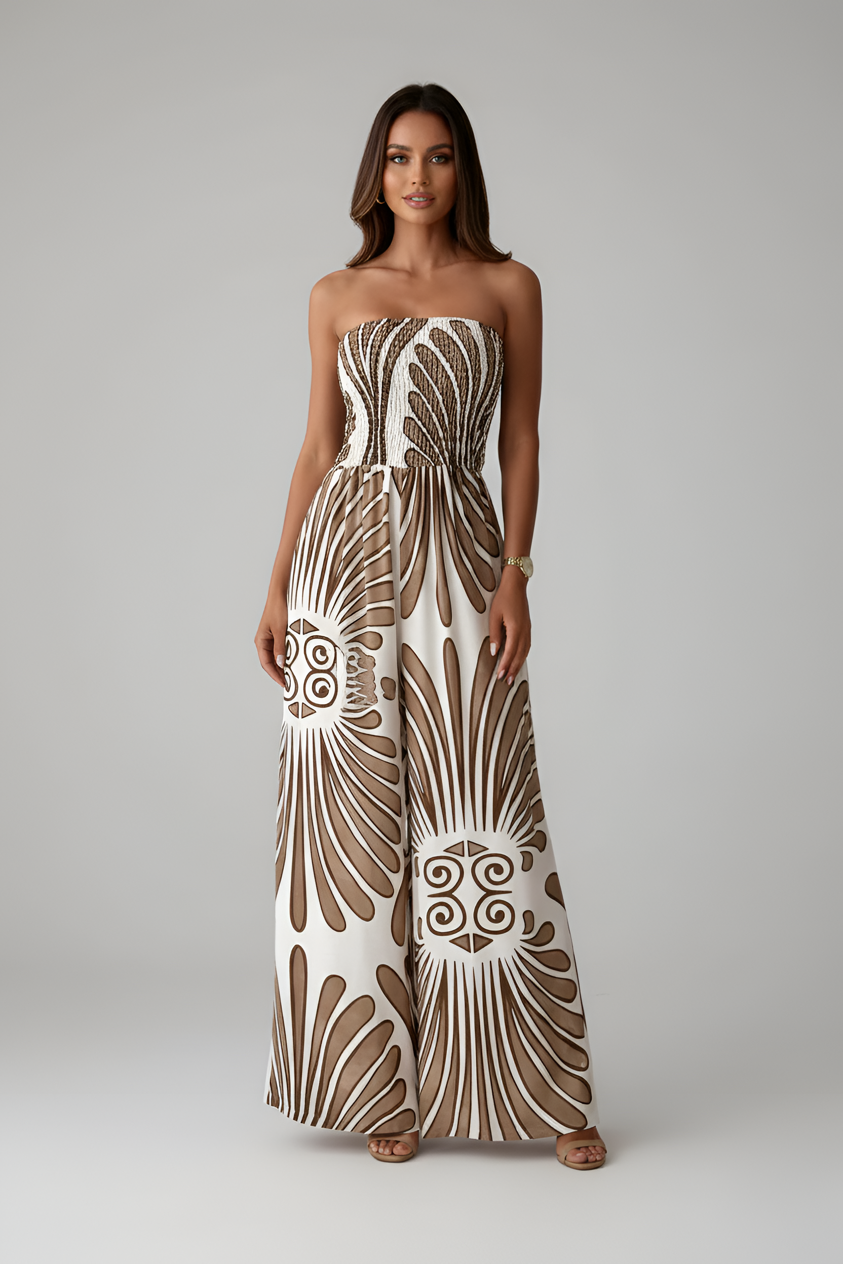 Combinaison femme bustier à jambes larges avec corsage smocké et imprimé