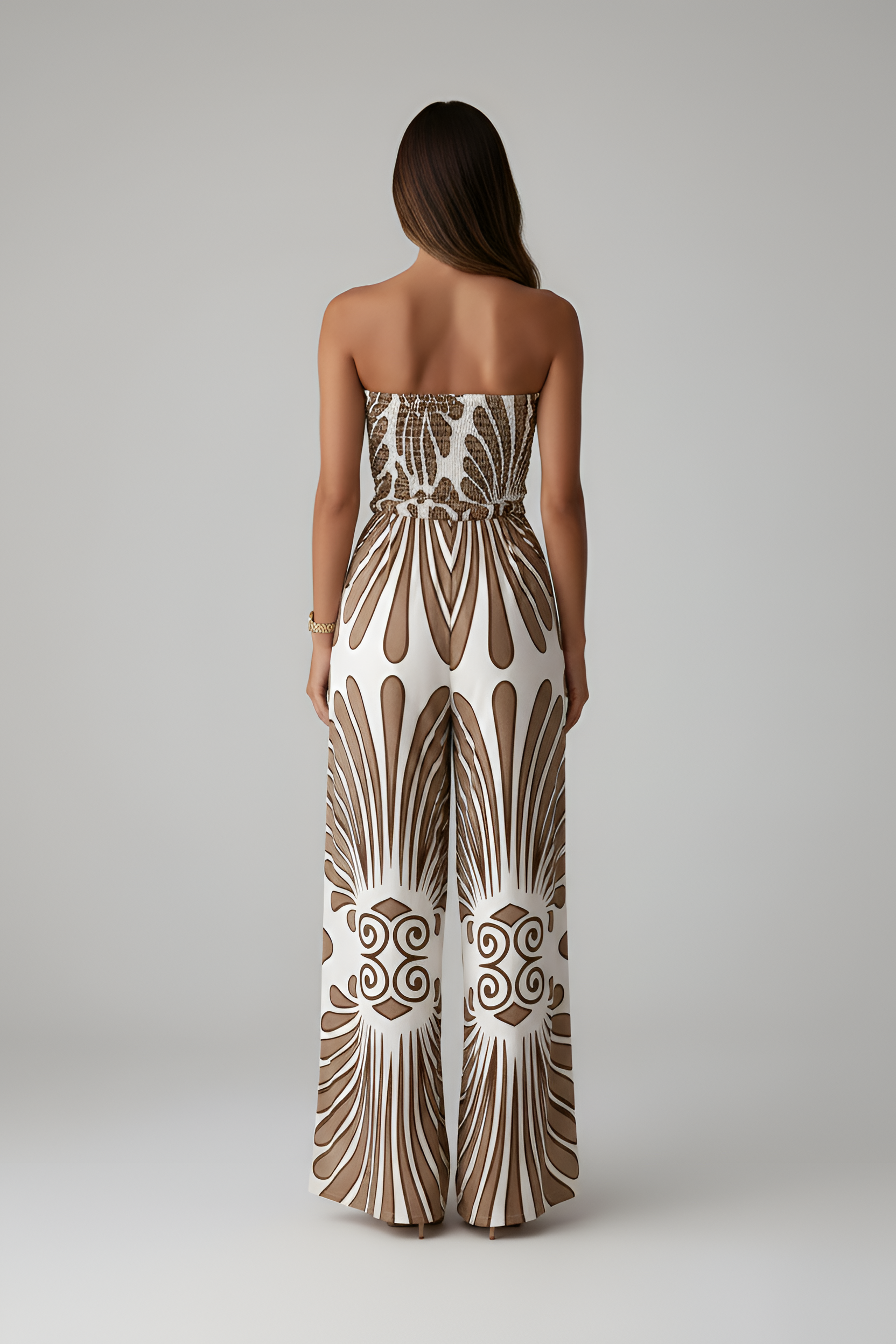 Combinaison femme bustier à jambes larges avec corsage smocké et imprimé