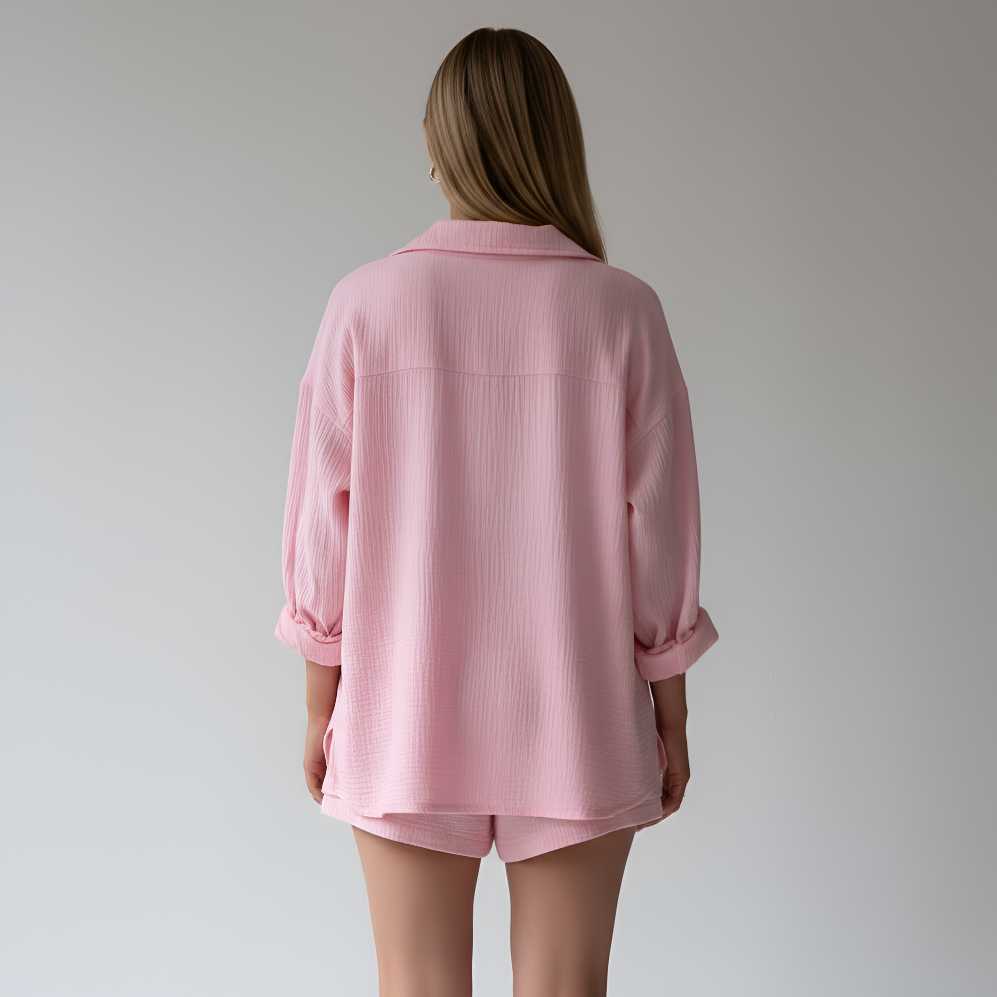 Women’s Cotton Shorts Set with Button Down Shirt and Drawstring Waist