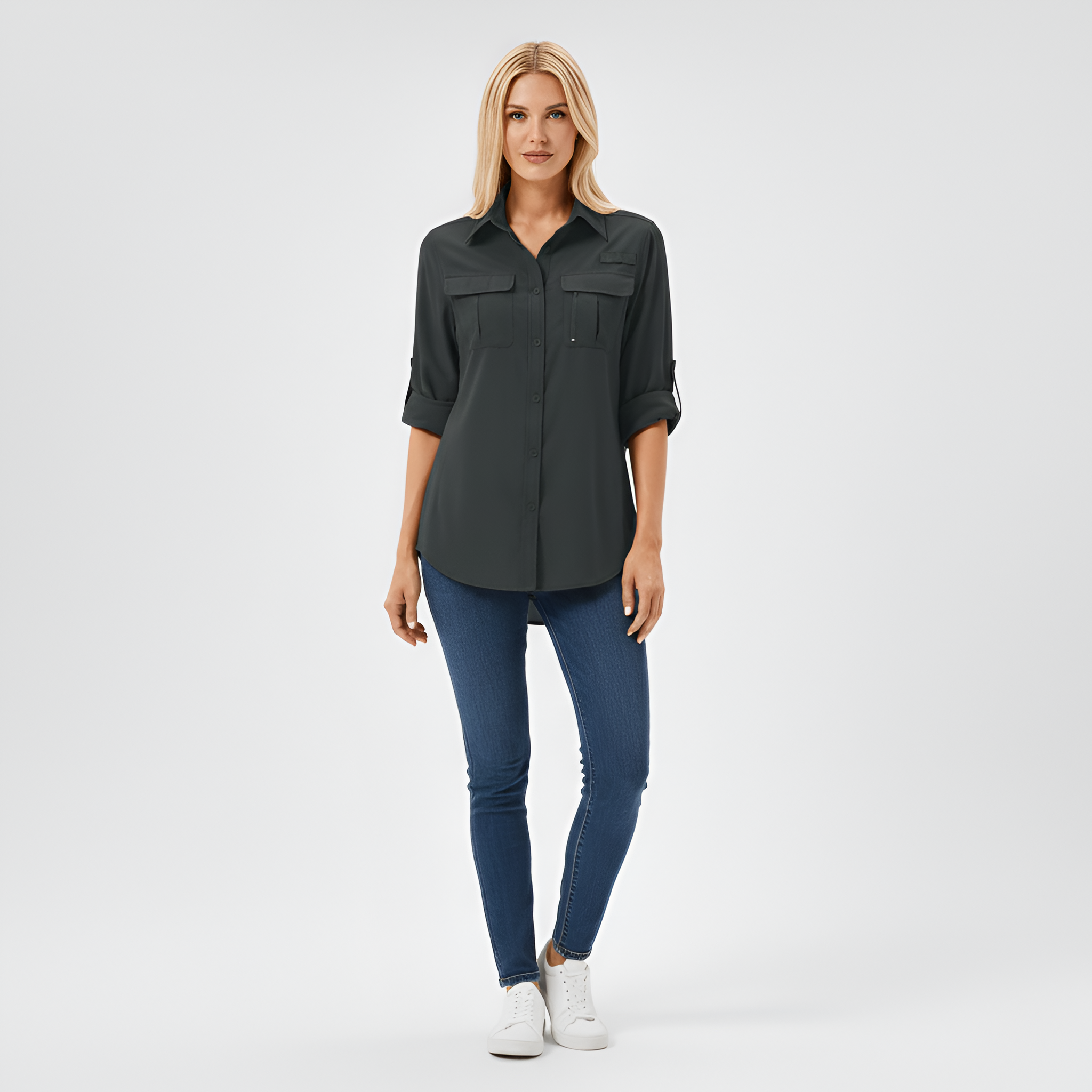 Blusa de mujer con botones de Assuli, camisa casual de manga larga con bolsillos en el pecho