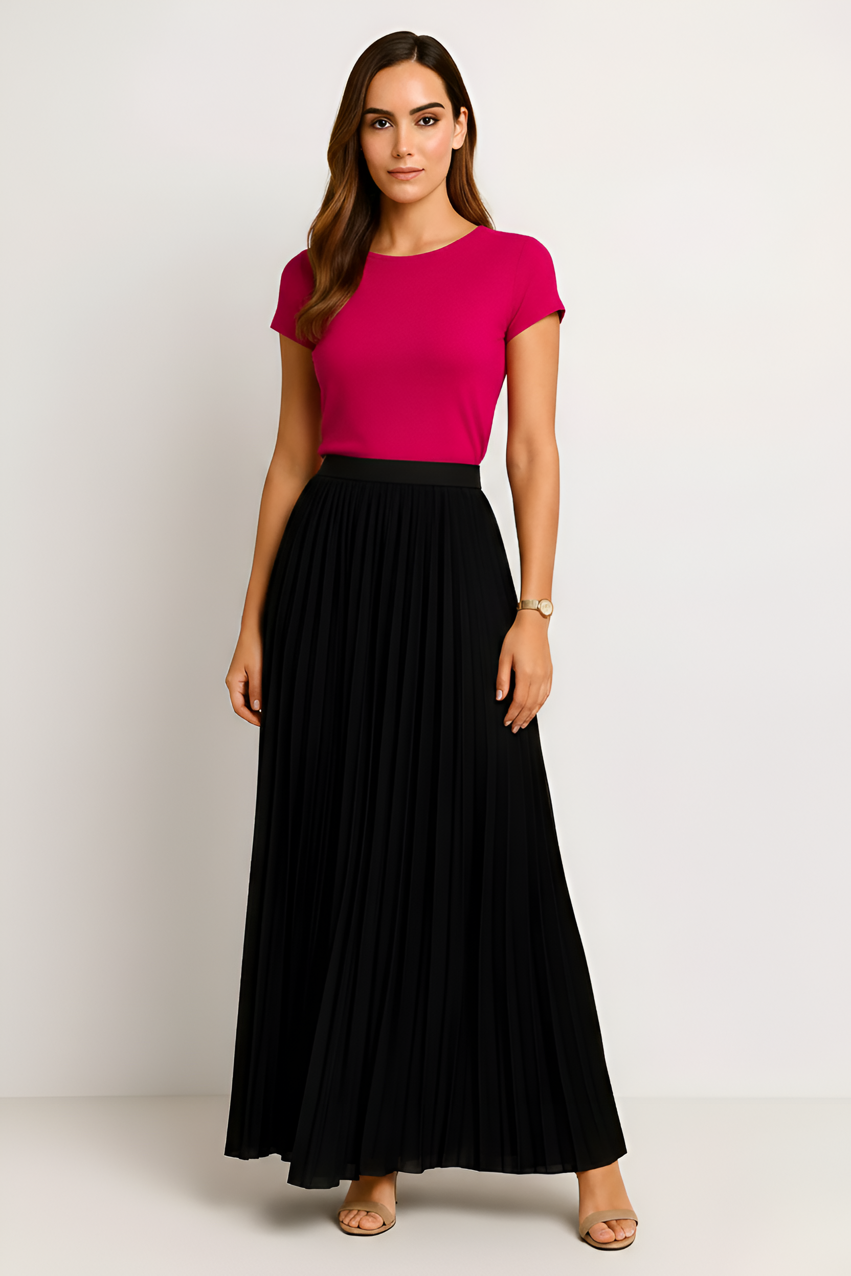 Women’s Pleated Midi Skirt High Waist with Elastic Waistband