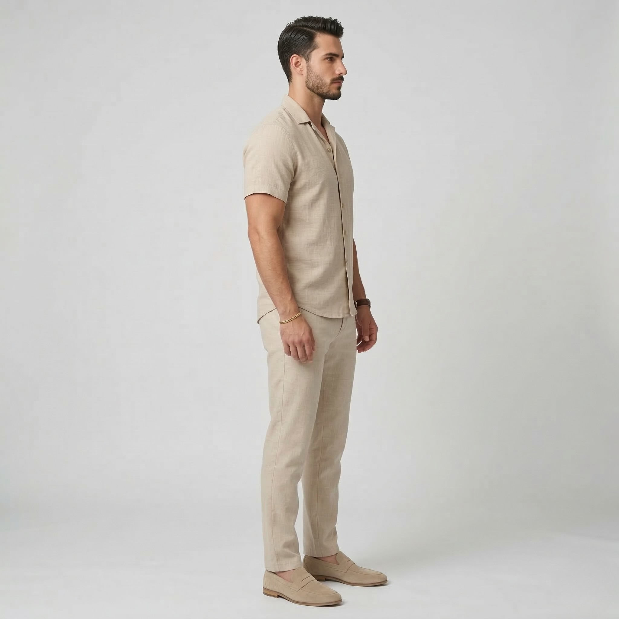 Herren Leinen Kurzarmhemd mit Knopfleiste Sommer Casual Leichtes Hemd