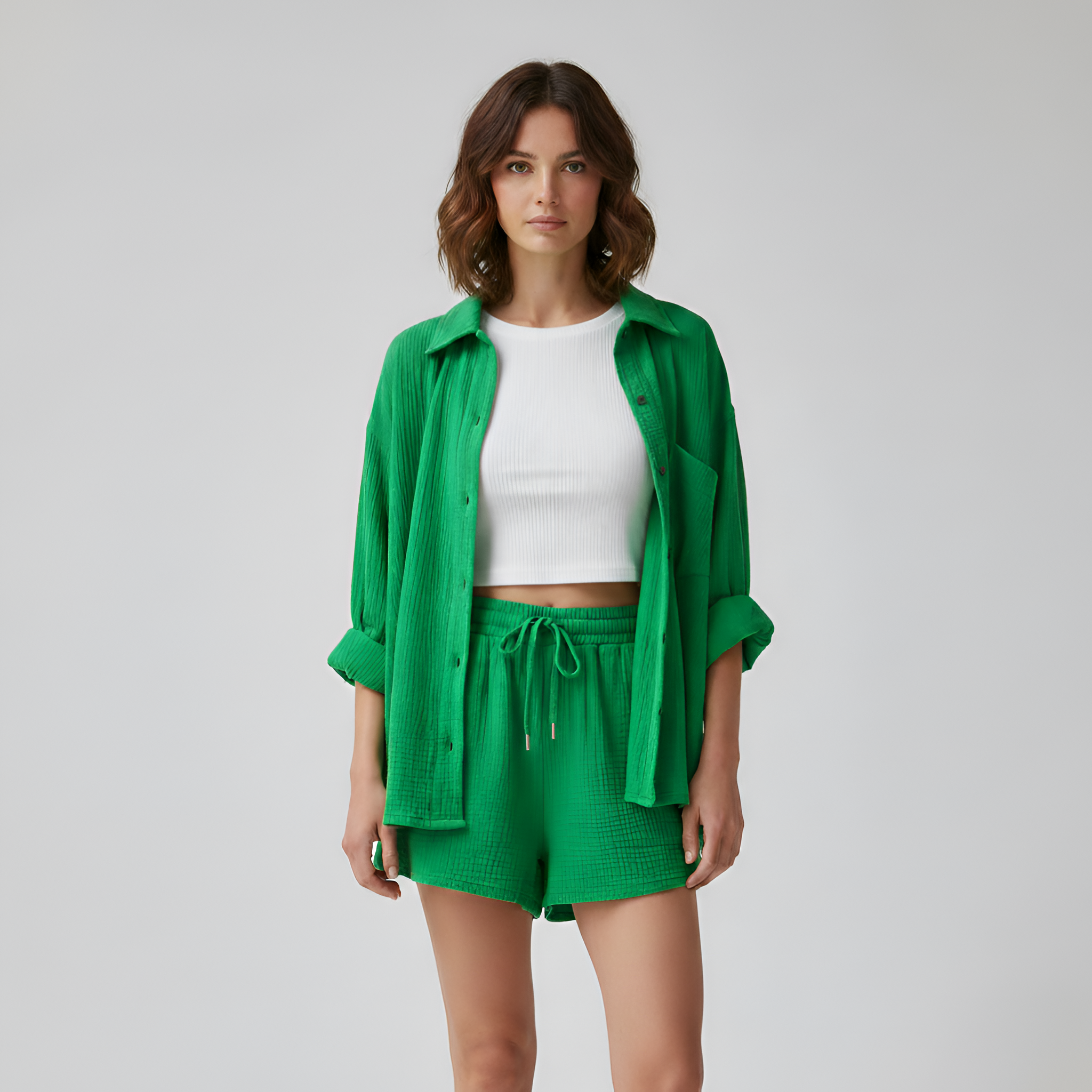 Women’s Cotton Shorts Set with Button Down Shirt and Drawstring Waist