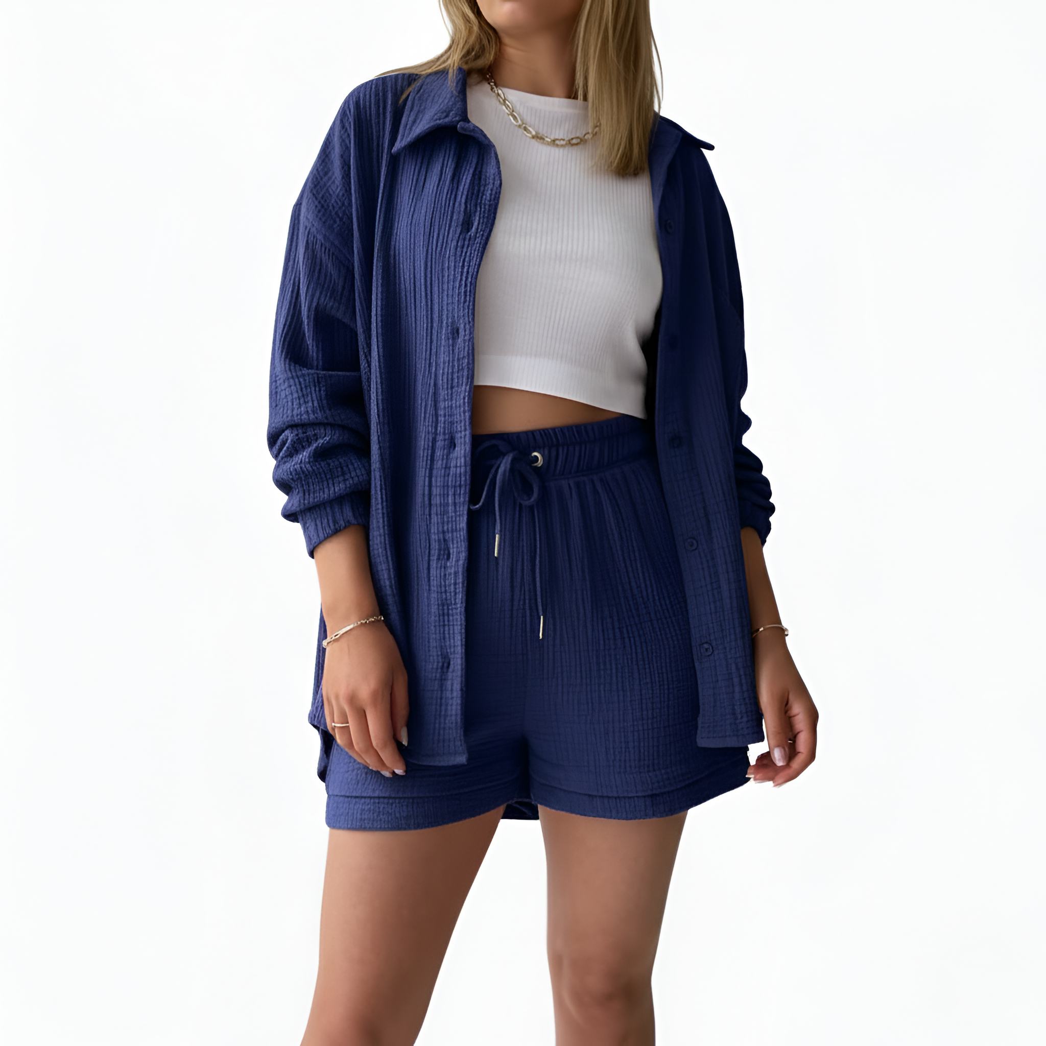 Women’s Cotton Shorts Set with Button Down Shirt and Drawstring Waist