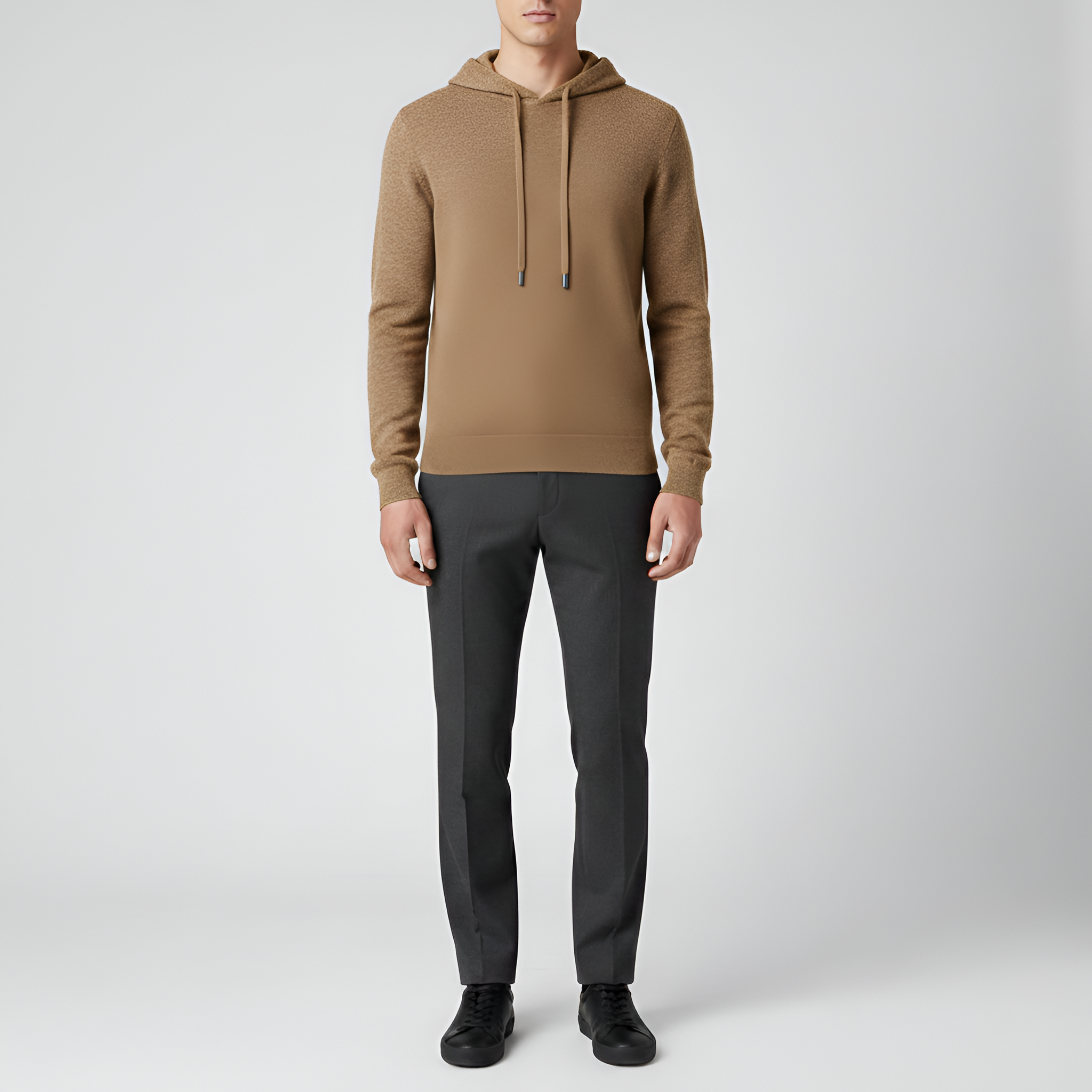 Férfi kötött kapucnis gyapjúkeverék pulóver húzózsinóros kapucnival