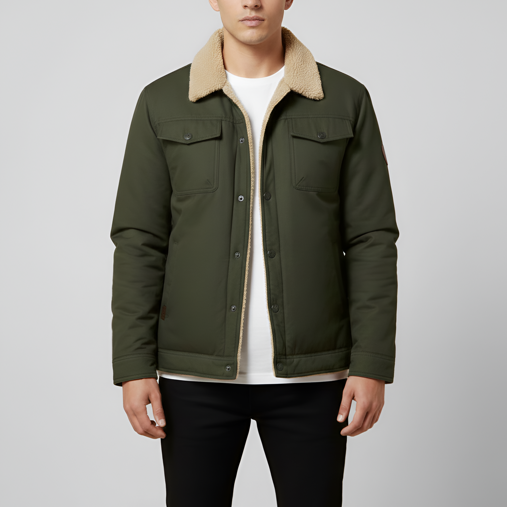 Casaco Bomber com Forro Sherpa para Homem Botões à Frente Roupa Casual de Inverno