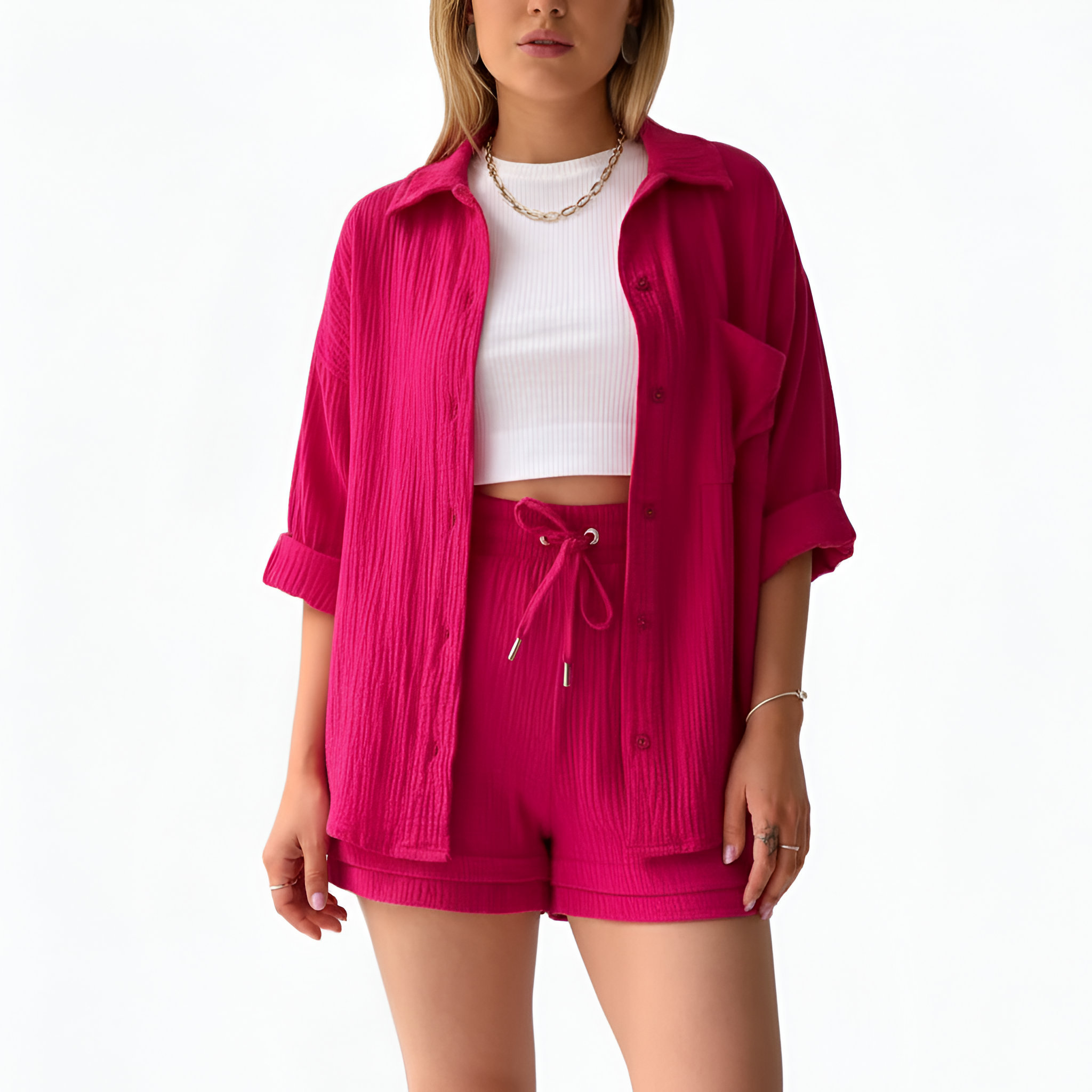 Women’s Cotton Shorts Set with Button Down Shirt and Drawstring Waist