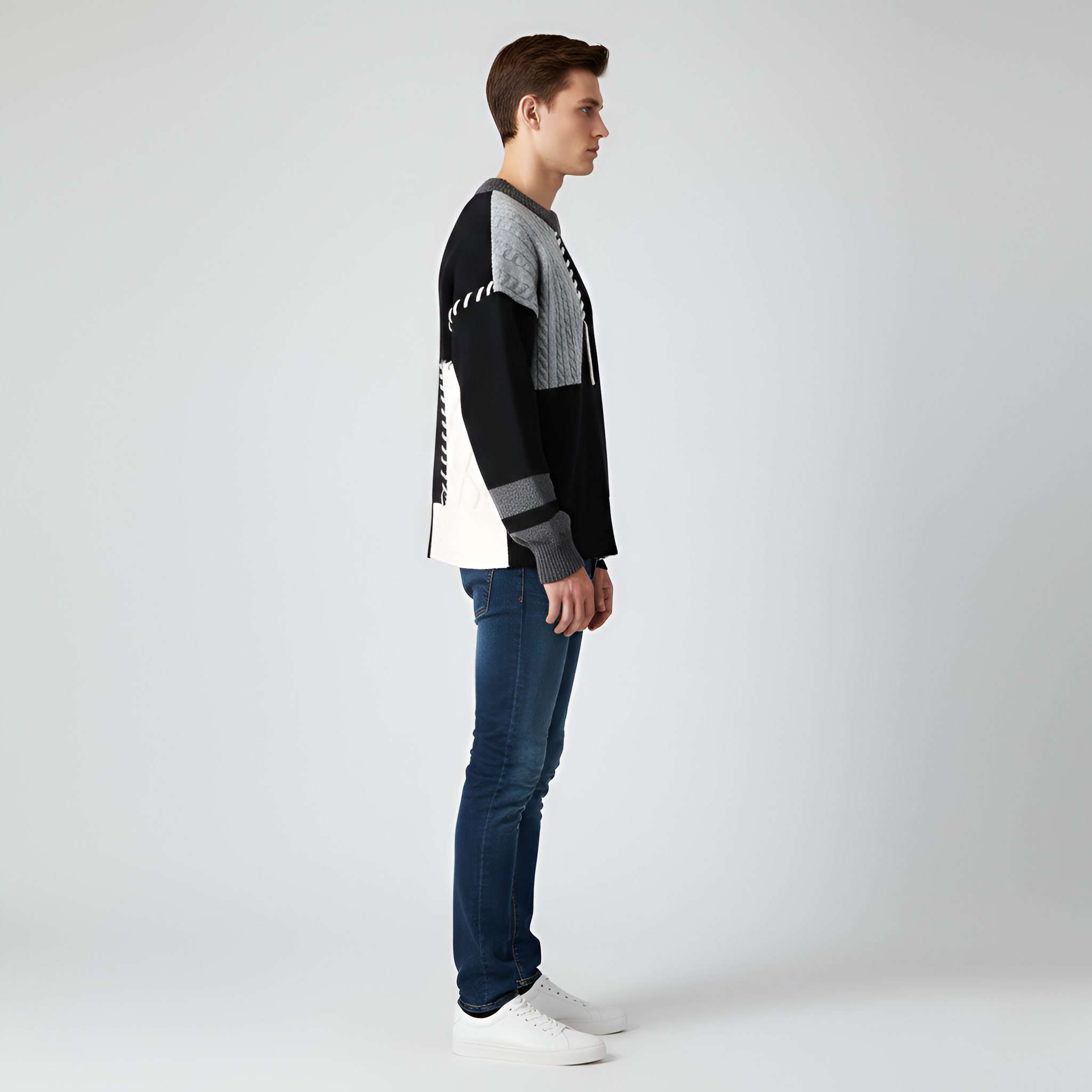 Camisola de Malha Patchwork para Homem, Gola Redonda, Casual, Ajuste Solto