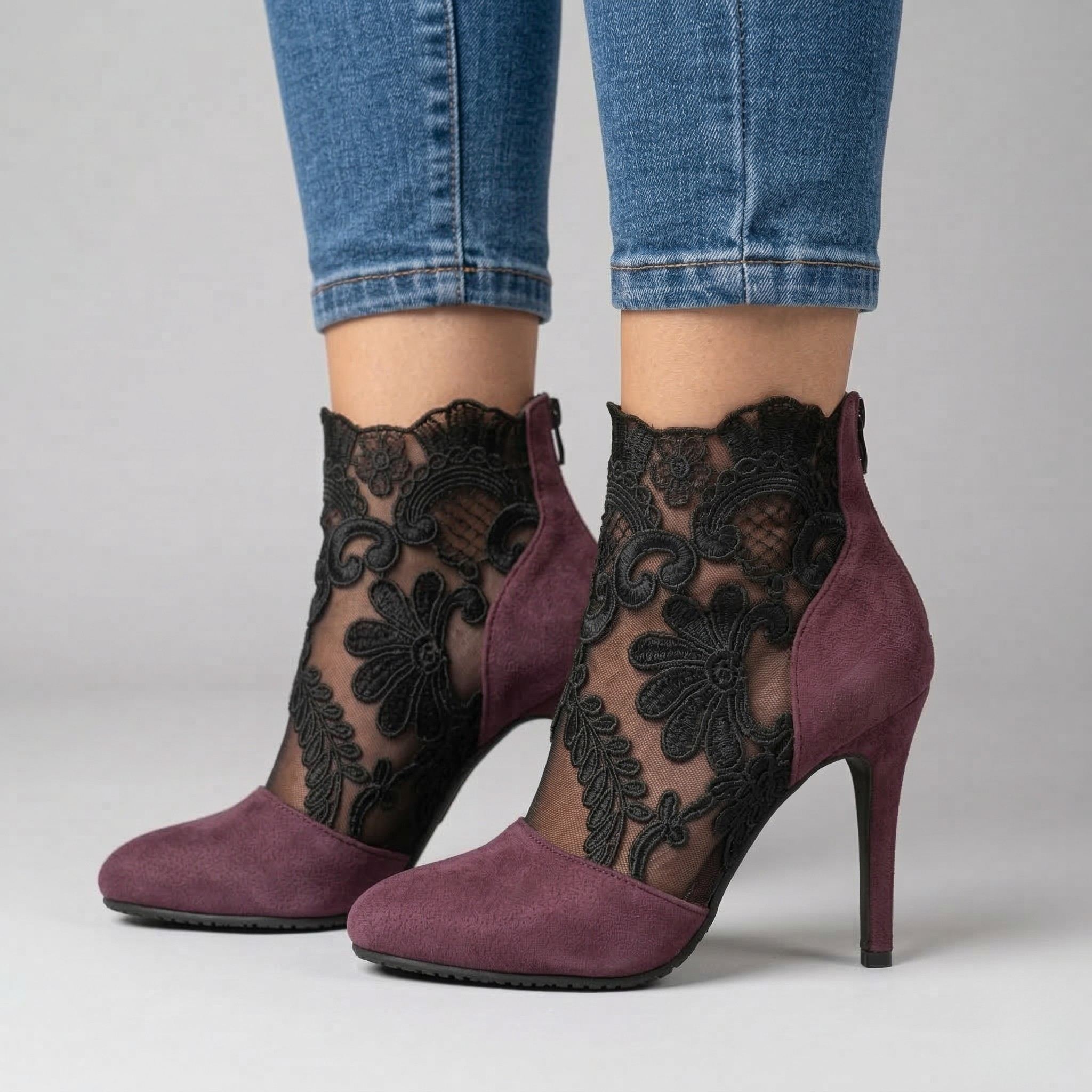 Women’s Lace Ankle Boots Block Heel Mesh Embroidered Dress Booties