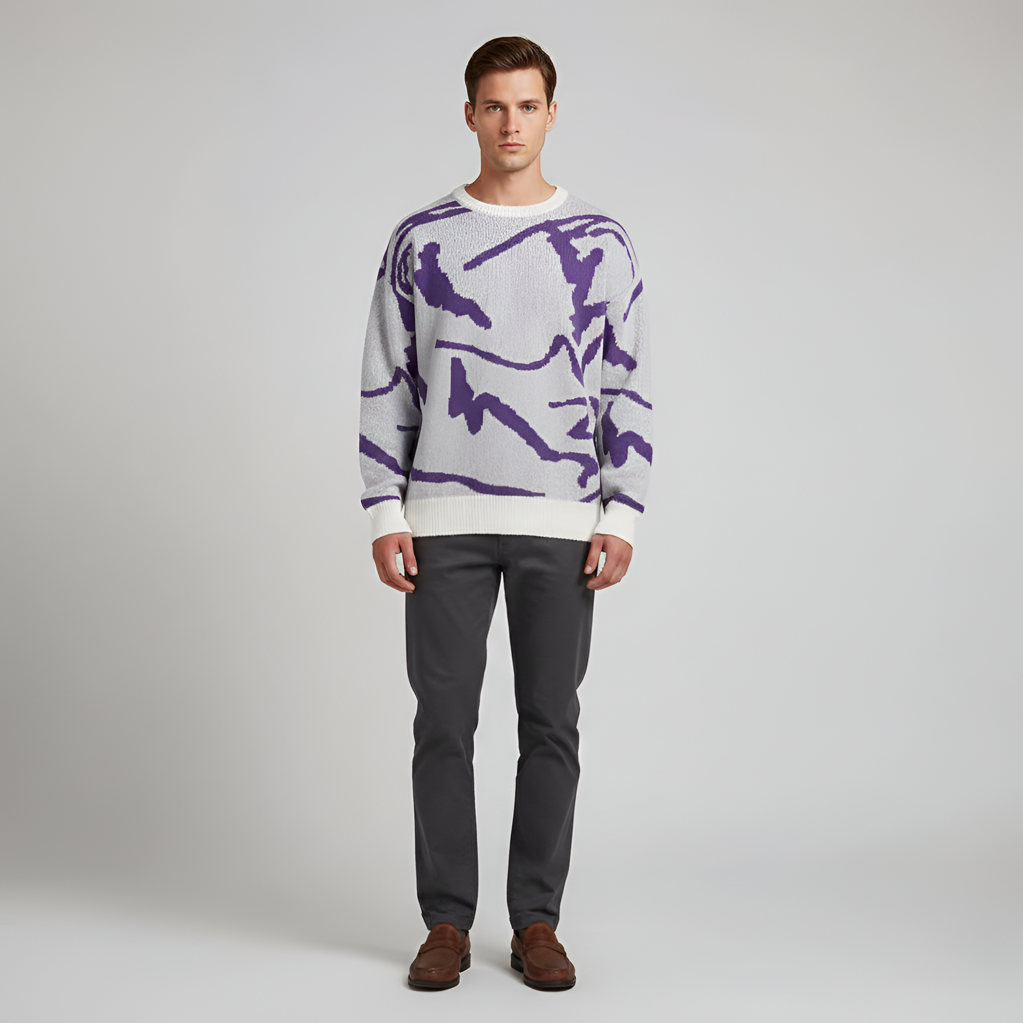 Férfi elvont mintás kötött kereknyakú pulóver hétköznapi viseletre