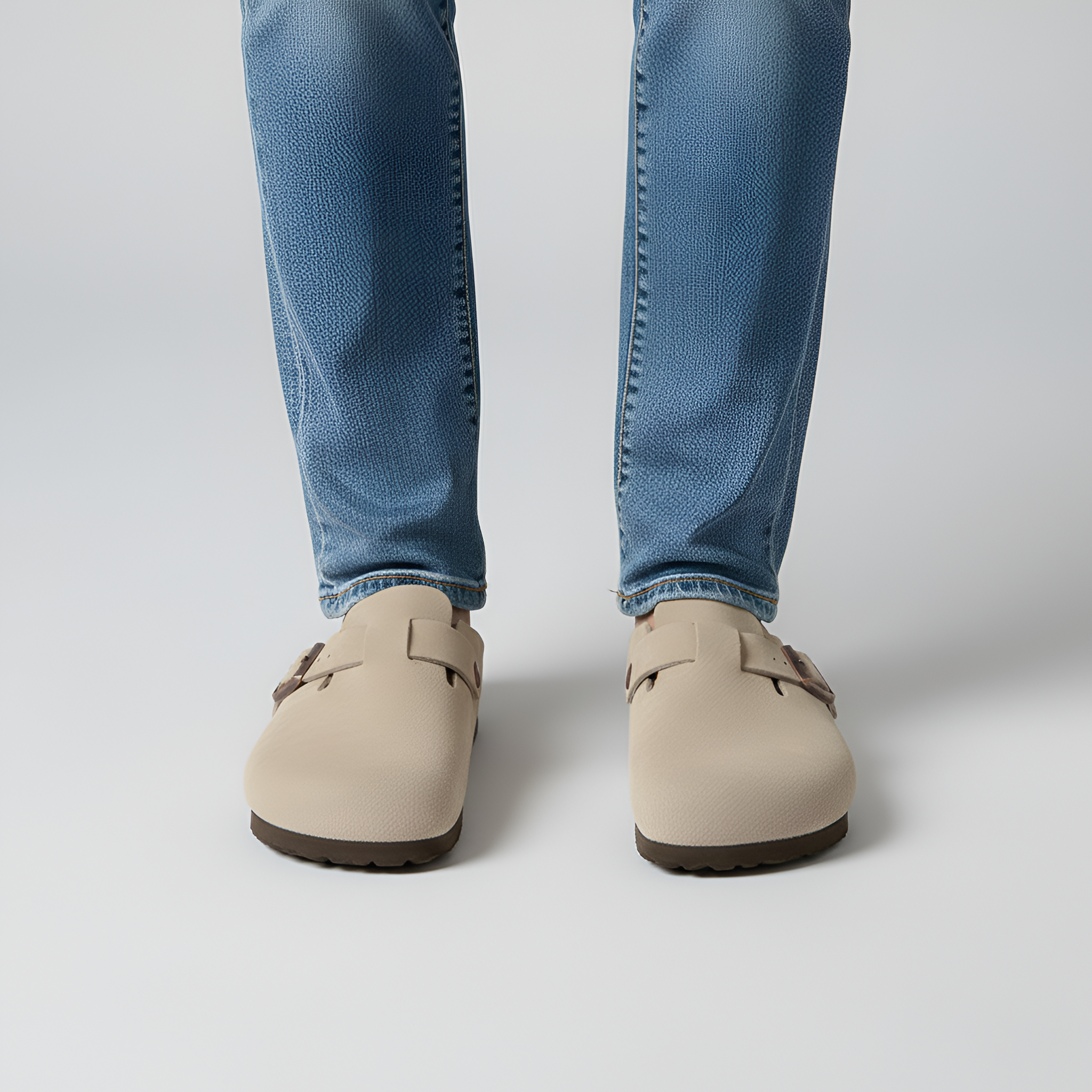 By Assuli Suede Buckle Clogs with Cork Footbed and Comfort Sole