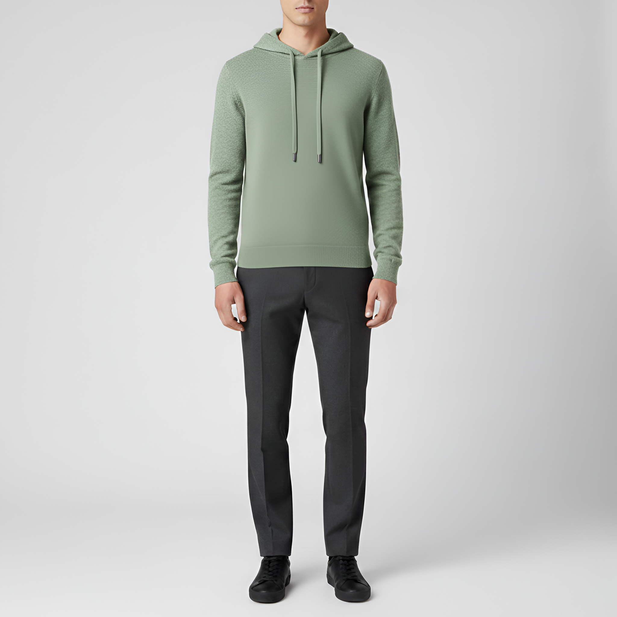 Férfi kötött kapucnis gyapjúkeverék pulóver húzózsinóros kapucnival