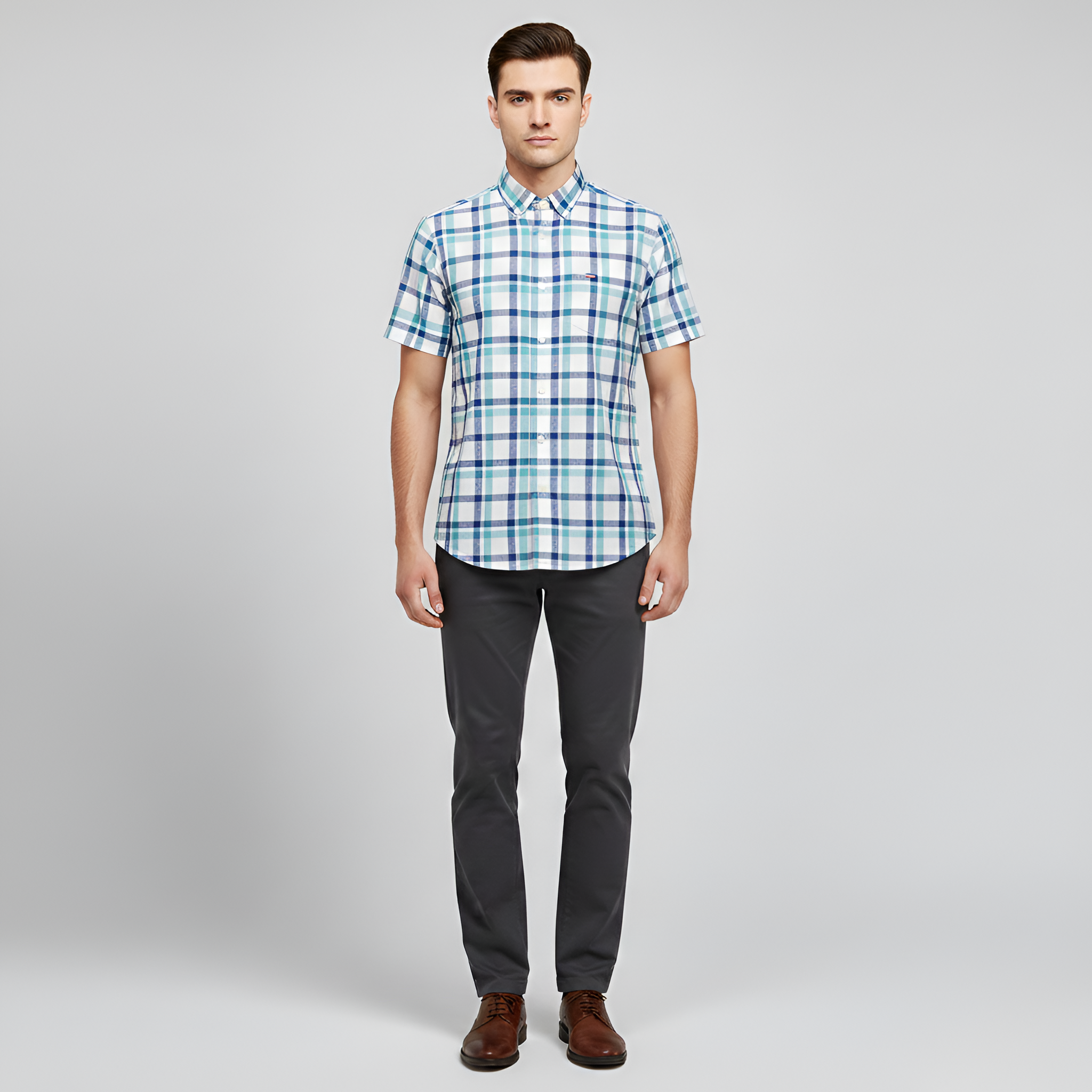 Męska koszula z krótkim rękawem z bawełny zapinana na guziki w kratę