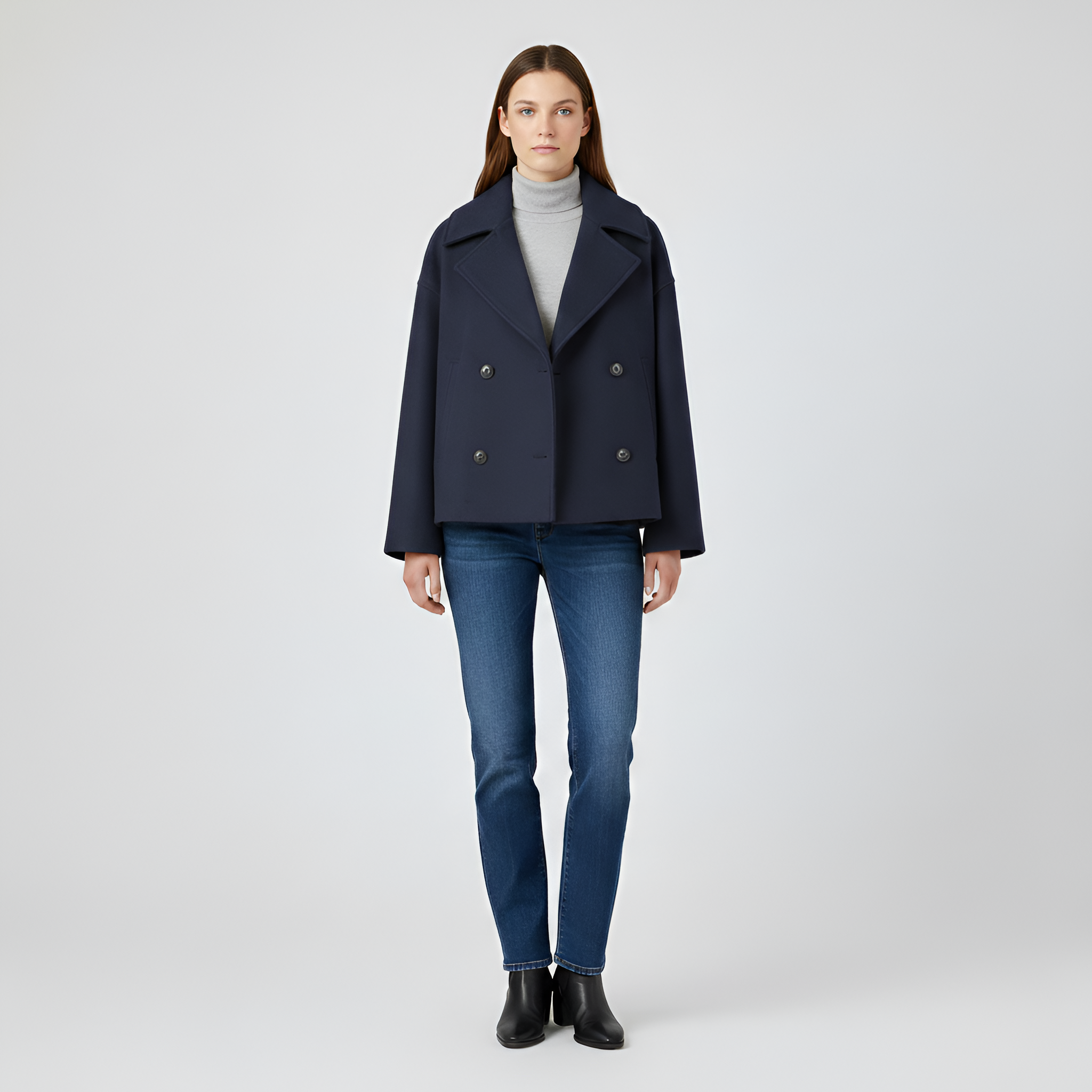 Women’s Short Wool Jacket Double Breasted Pea Coat with Notch Collar