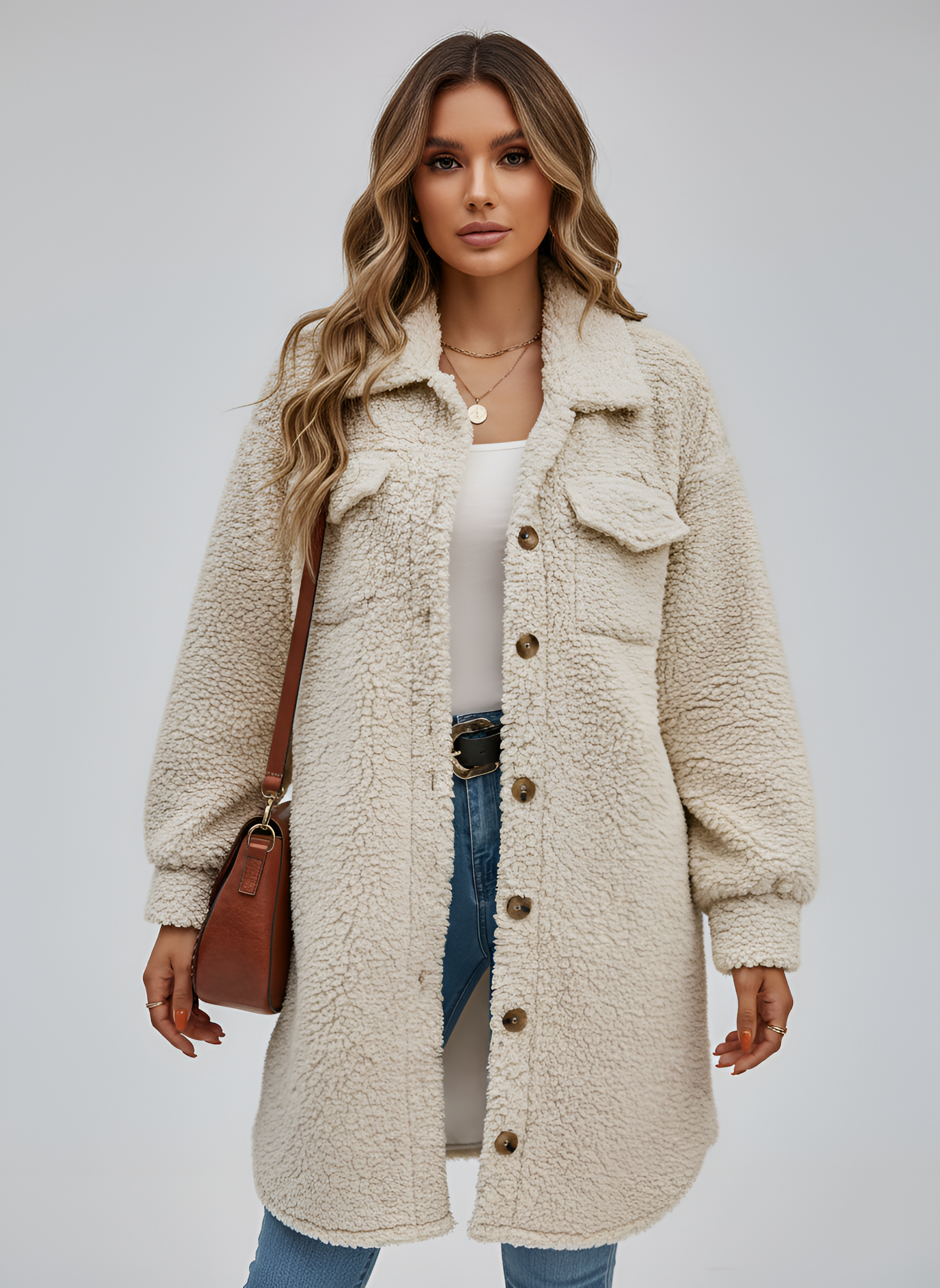 Women’s Faux Shearling Teddy Coat Mid Length Button Front Winter Jacket