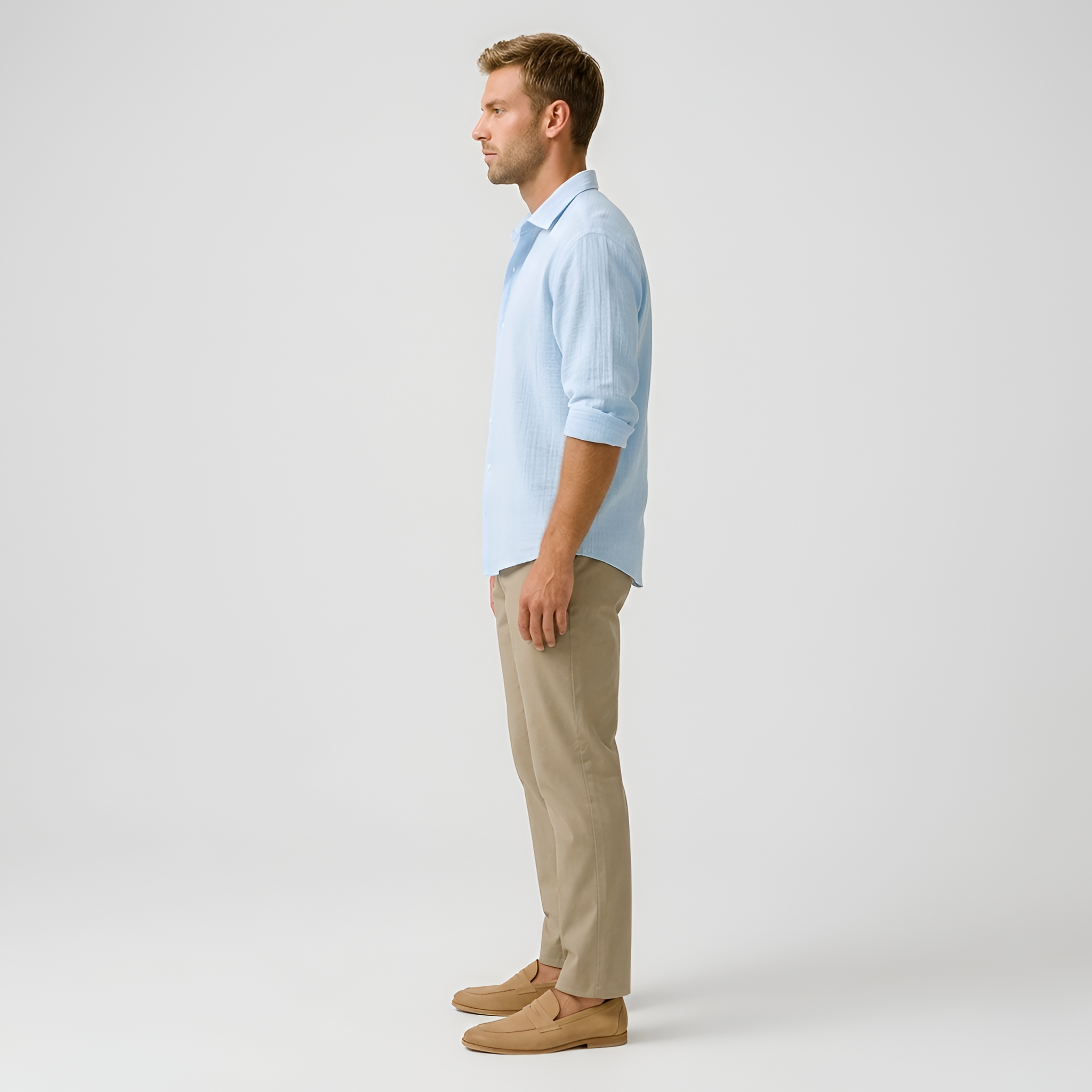 Camisa de Homem com Botões, Algodão Leve, Casual, Manga Comprida