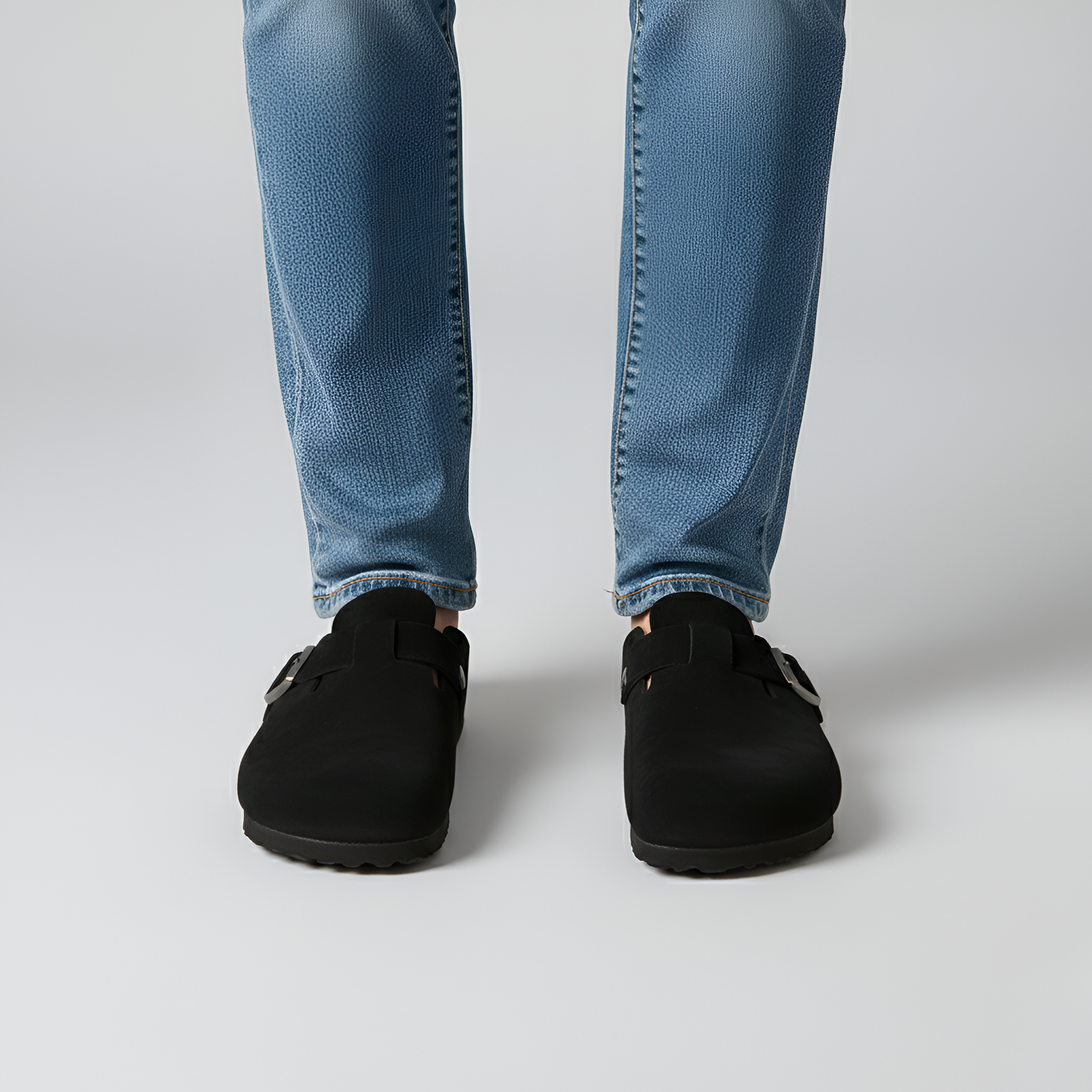 By Assuli Suede Buckle Clogs with Cork Footbed and Comfort Sole