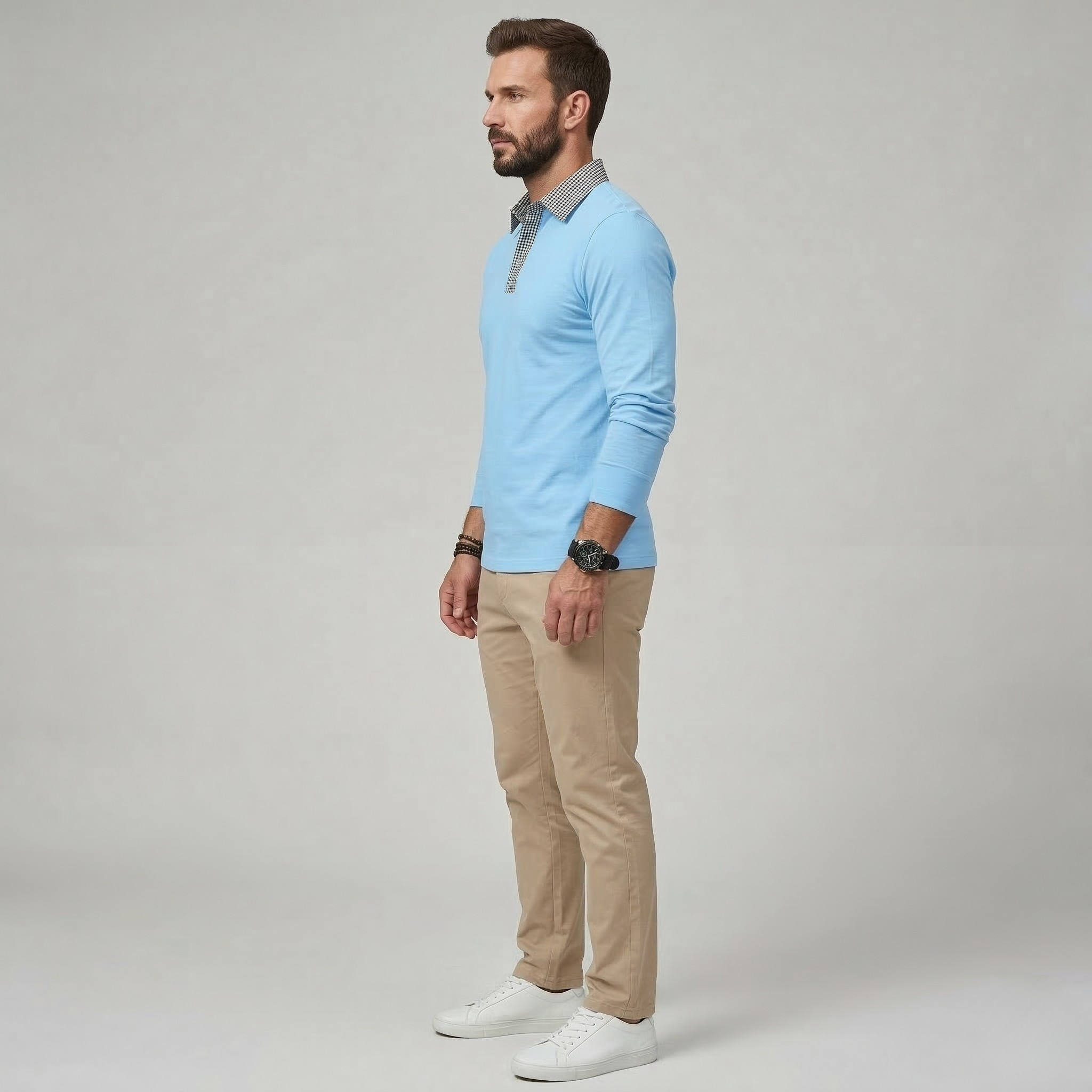 Polo da uomo a manica lunga in cotone, casual con colletto, maglia pullover