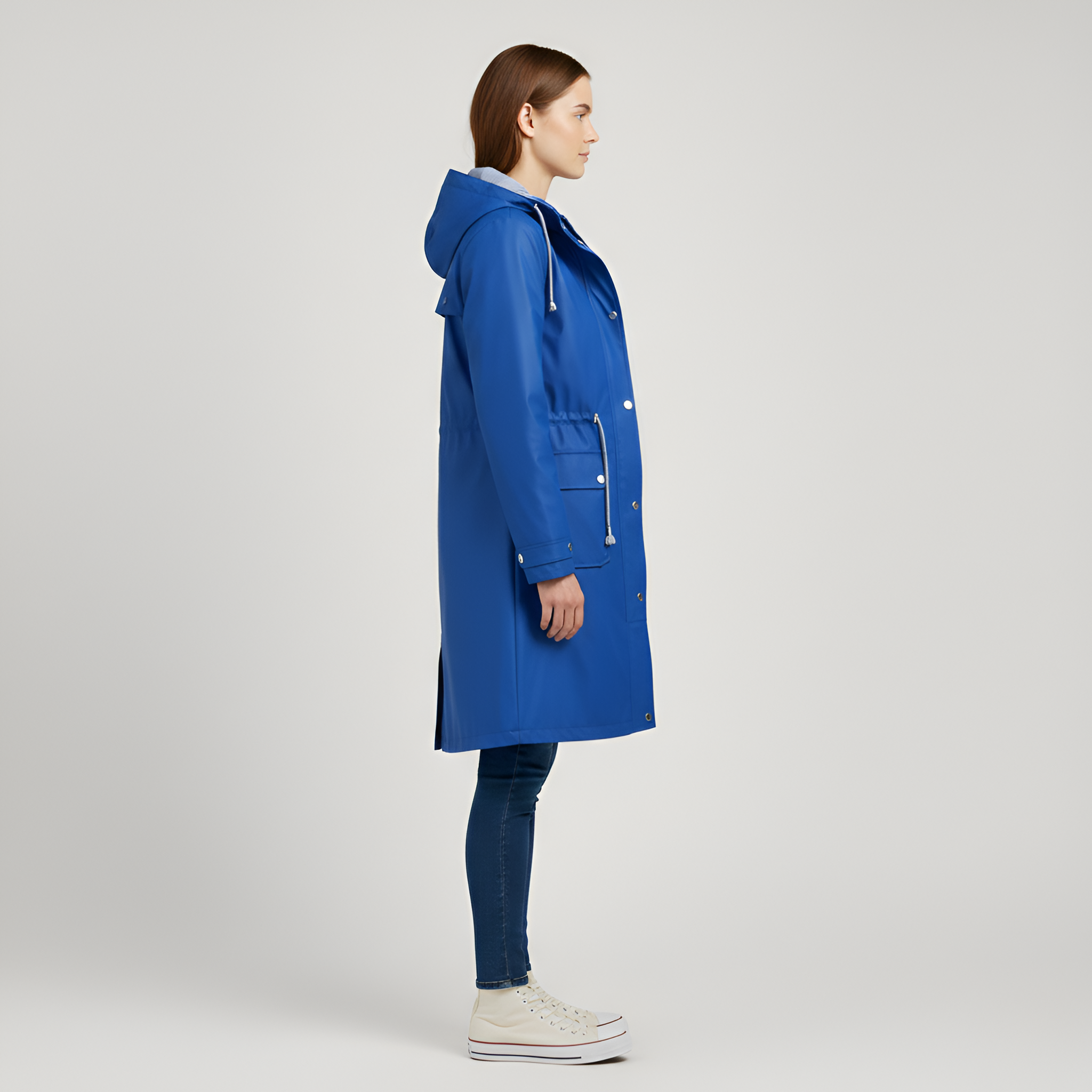 Women’s Hooded Raincoat Mid Length with Zip Closure and Adjustable Waist