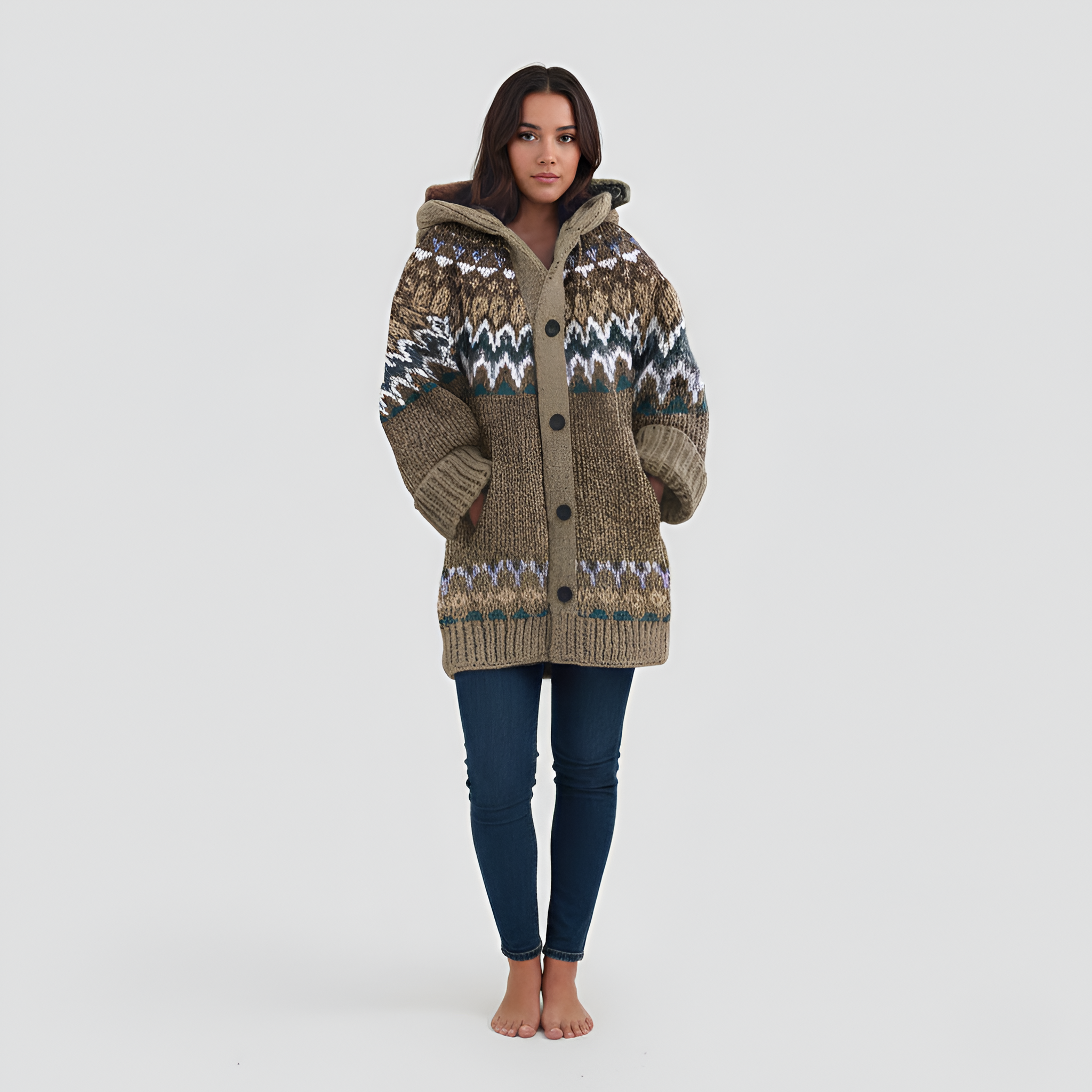 Cardigan gros tricotat cu glugă pentru femei, cu nasturi în față, pulover de iarnă