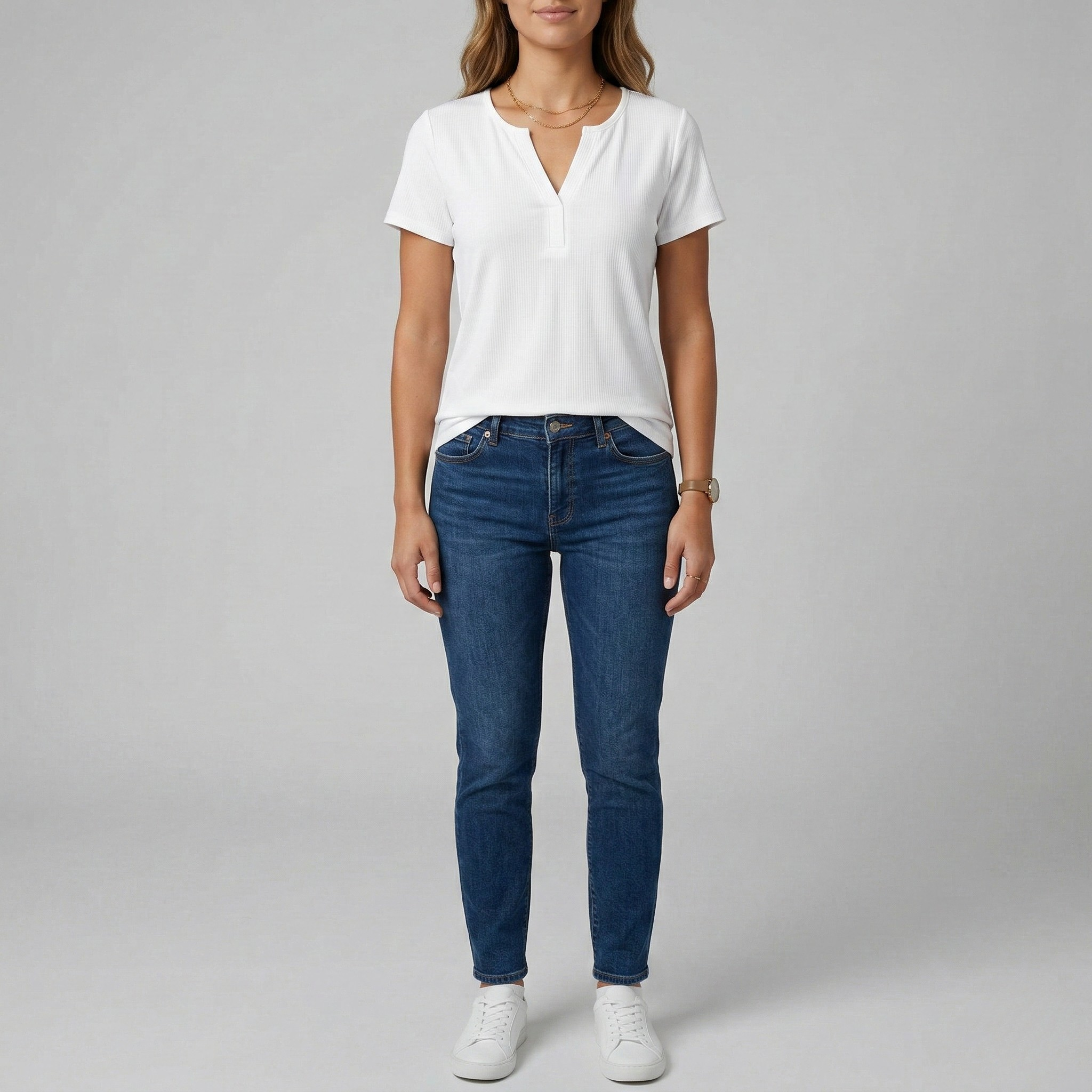 Damska bawełniana prążkowana koszulka z dekoltem w serek, krótki rękaw, casualowa podstawowa koszulka