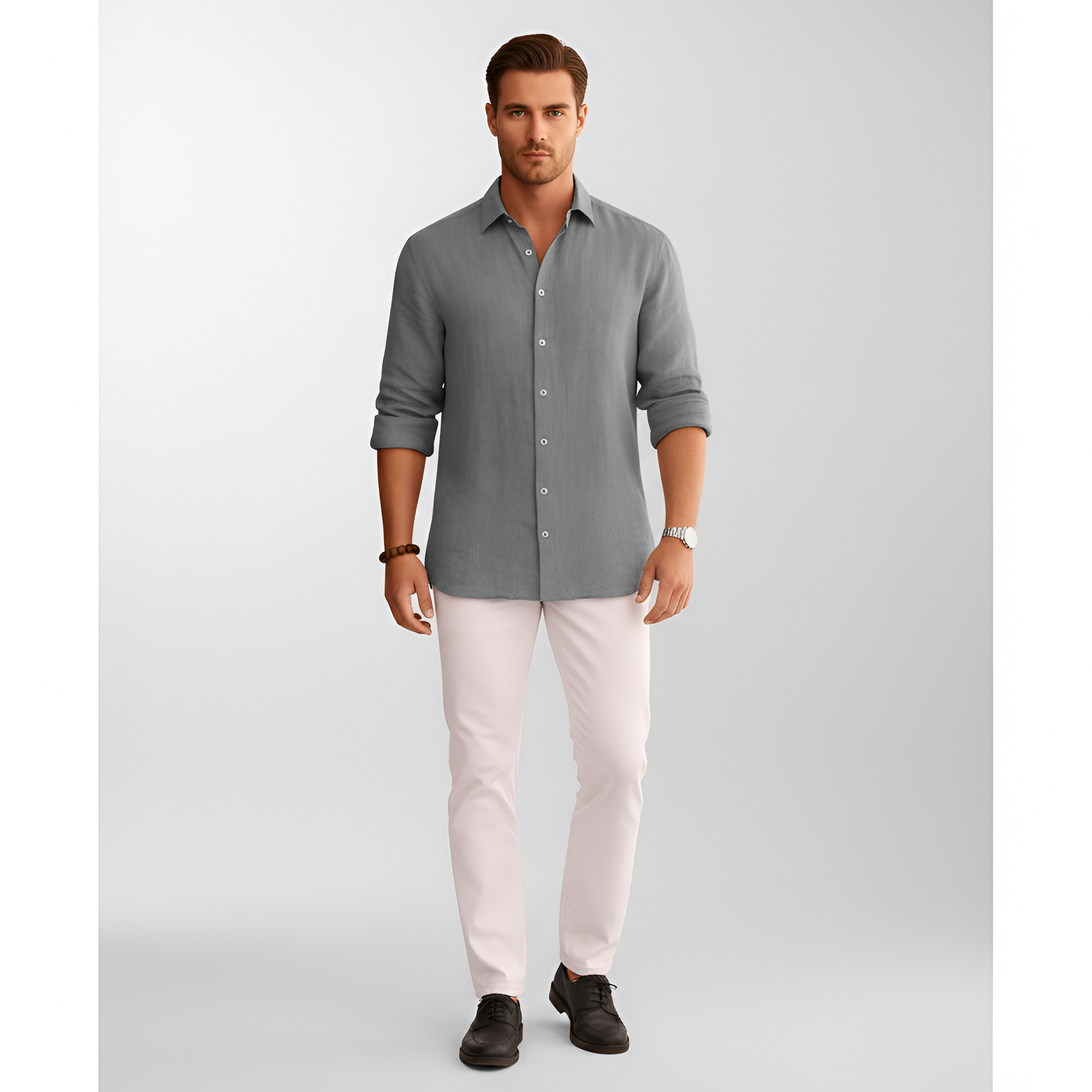 Camisa de lino para hombre con botones, manga larga, ajuste casual