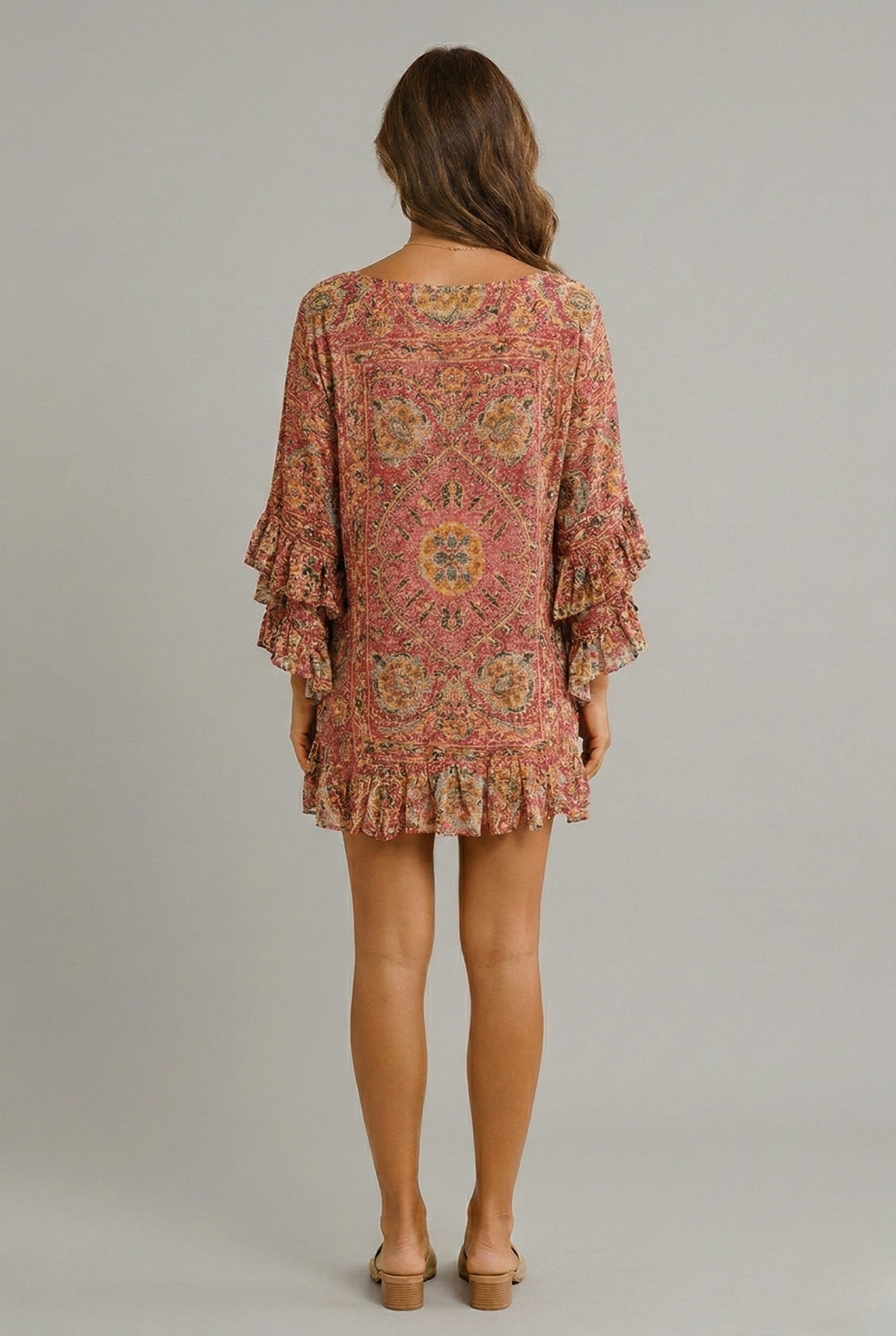 Robe courte bohème imprimée pour femme, manches longues, ourlet à volants, tunique décontractée