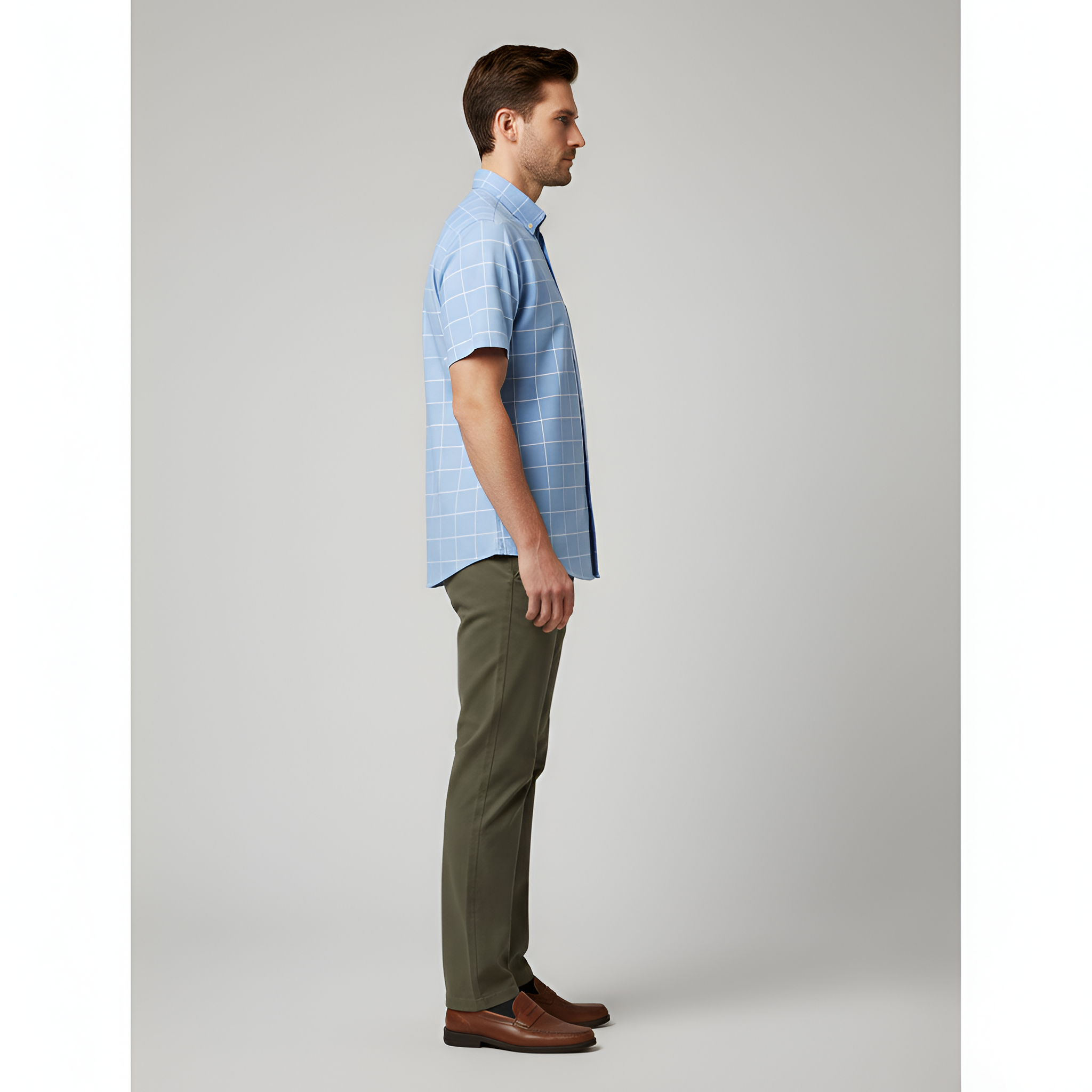 Camisa de Algodão de Manga Curta para Homem, com Botões e Padrão às Quadrículas