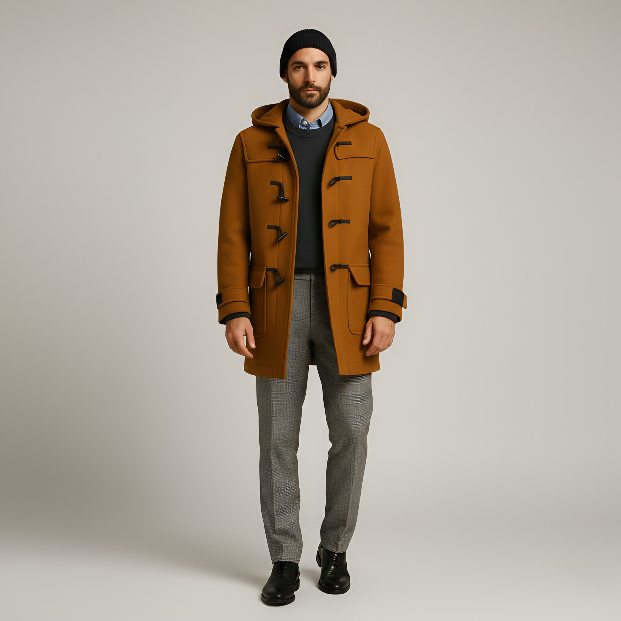 Férfi gyapjú duffle kabát kapucnival, téli dzseki gombos záródással