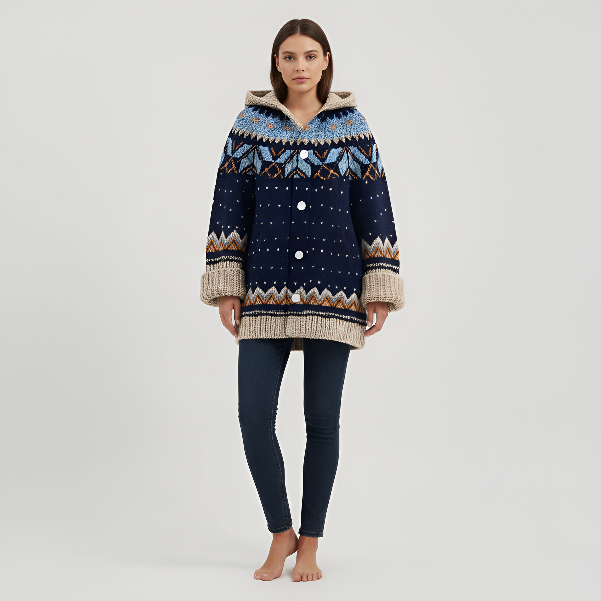 Cardigan gros tricotat cu glugă pentru femei, cu nasturi în față, pulover de iarnă