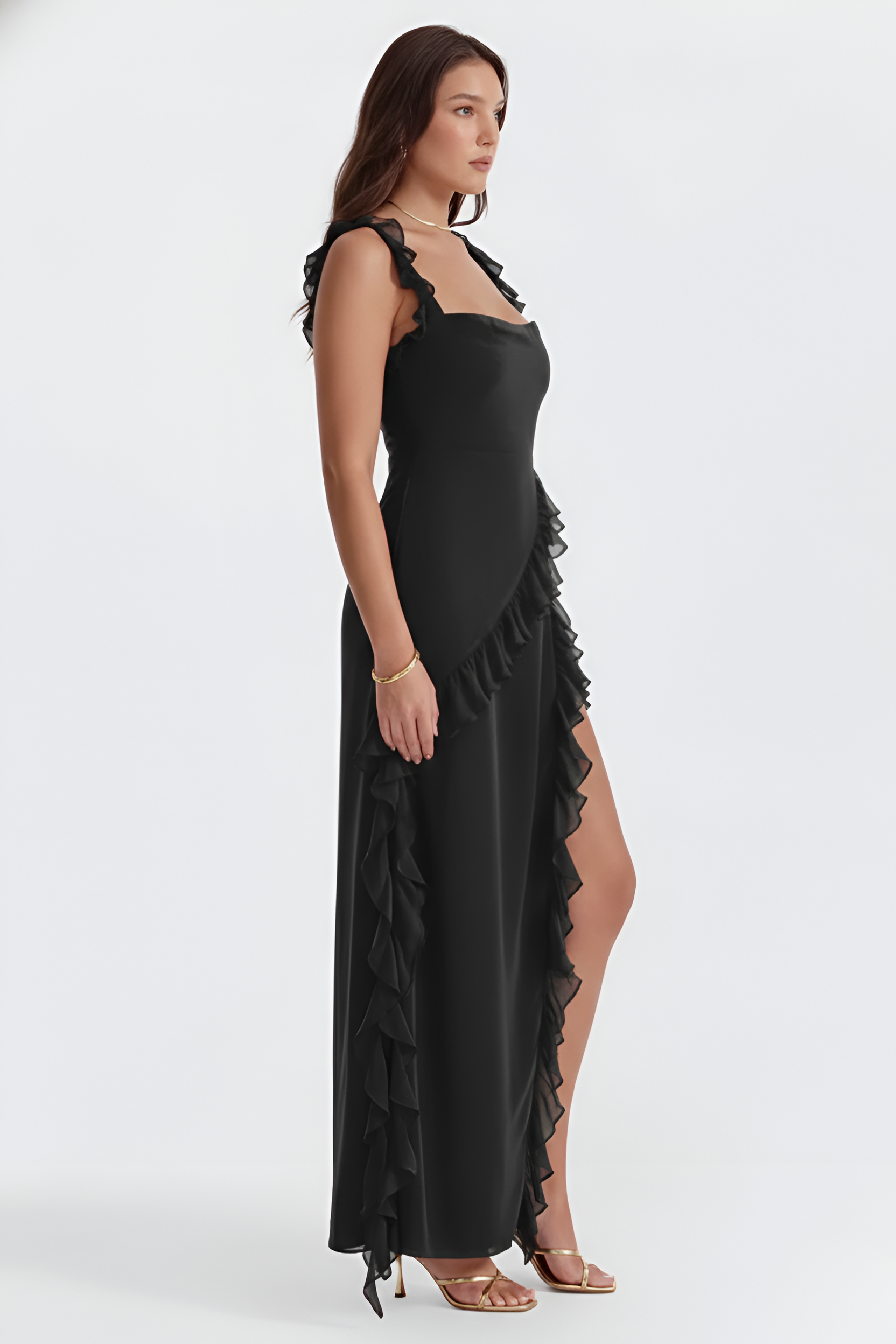 Γυναικείο Μακρύ Φόρεμα με Βολάν και Άνοιγμα, Αμάνικο Βραδινό Φόρεμα από Σιφόν