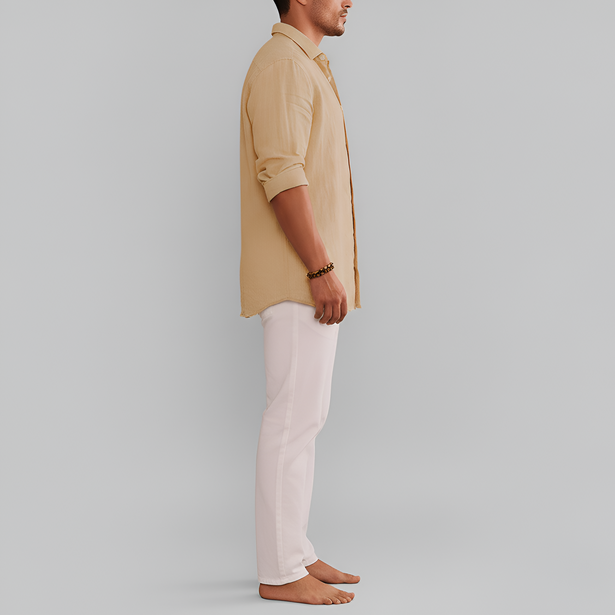 Camisa de lino para hombre con botones, manga larga, ajuste casual